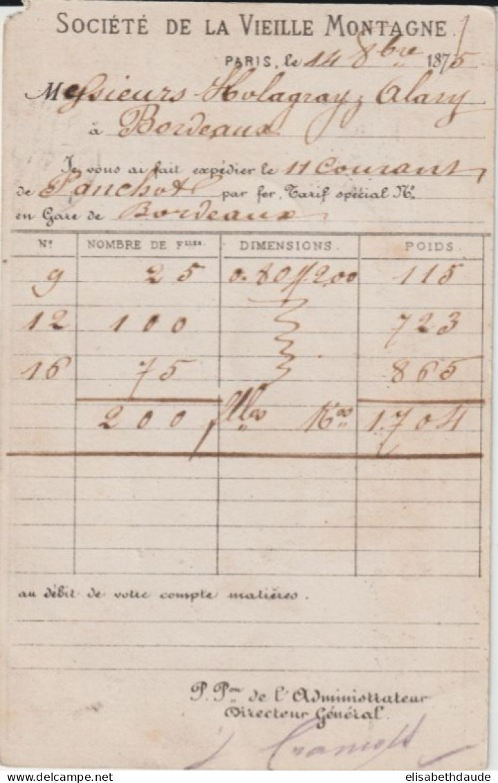 1875 - CP PRECURSEUR ENTIER CERES Avec REPIQUAGE PRIVE ! (SOCIETE DE LA VIEILLE MONTAGNE) De PARIS - Cartes Précurseurs