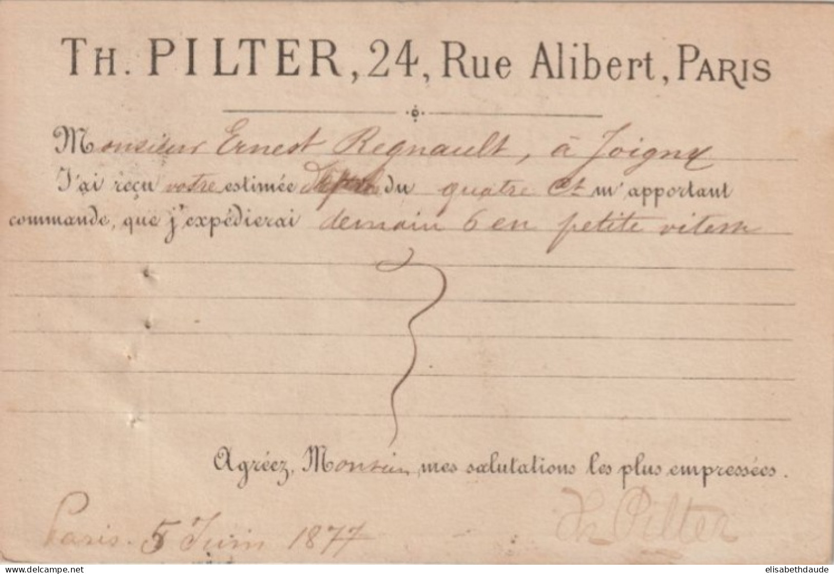 1877 - CP PRECURSEUR ENTIER SAGE Avec REPIQUAGE PRIVE ! (PILTER) De PARIS => JOIGNY (YONNE) - Cartoline Precursori