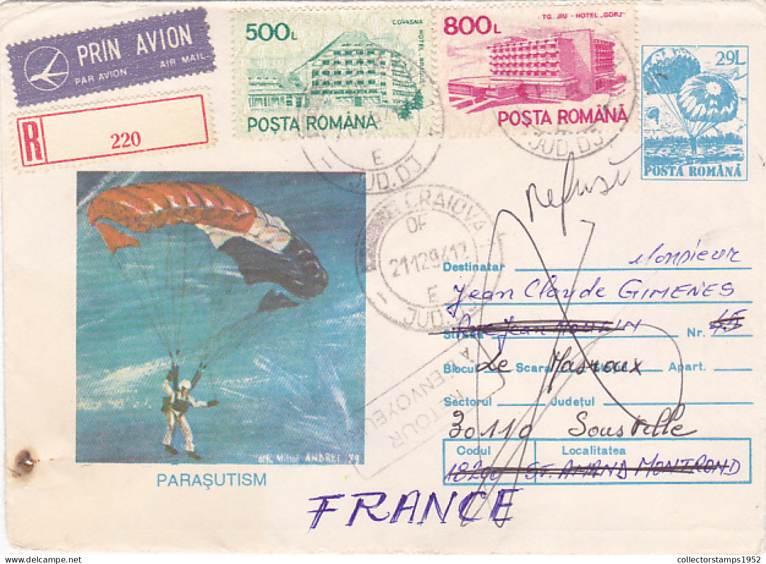 PARACHUTTING, SPORTS, REGISTERED COVER STATIONERY, 1993, ROMANIA - Parachutting
