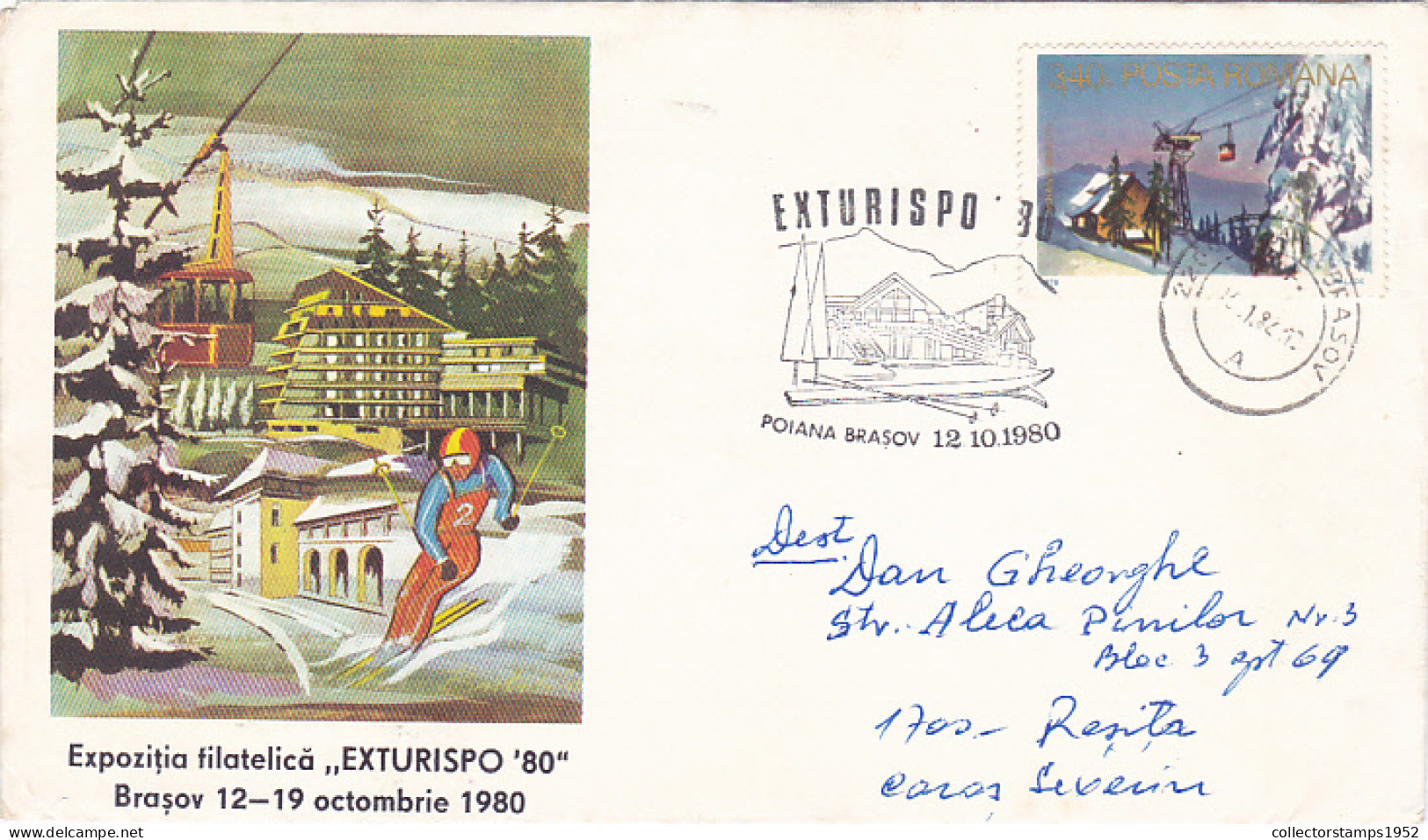 SKI RESORTS, HOTELS, CABLE CAR, TOURISM PHILATELIC EXHIBITION, SPECIAL COVER, 1980, ROMANIA - Brieven En Documenten