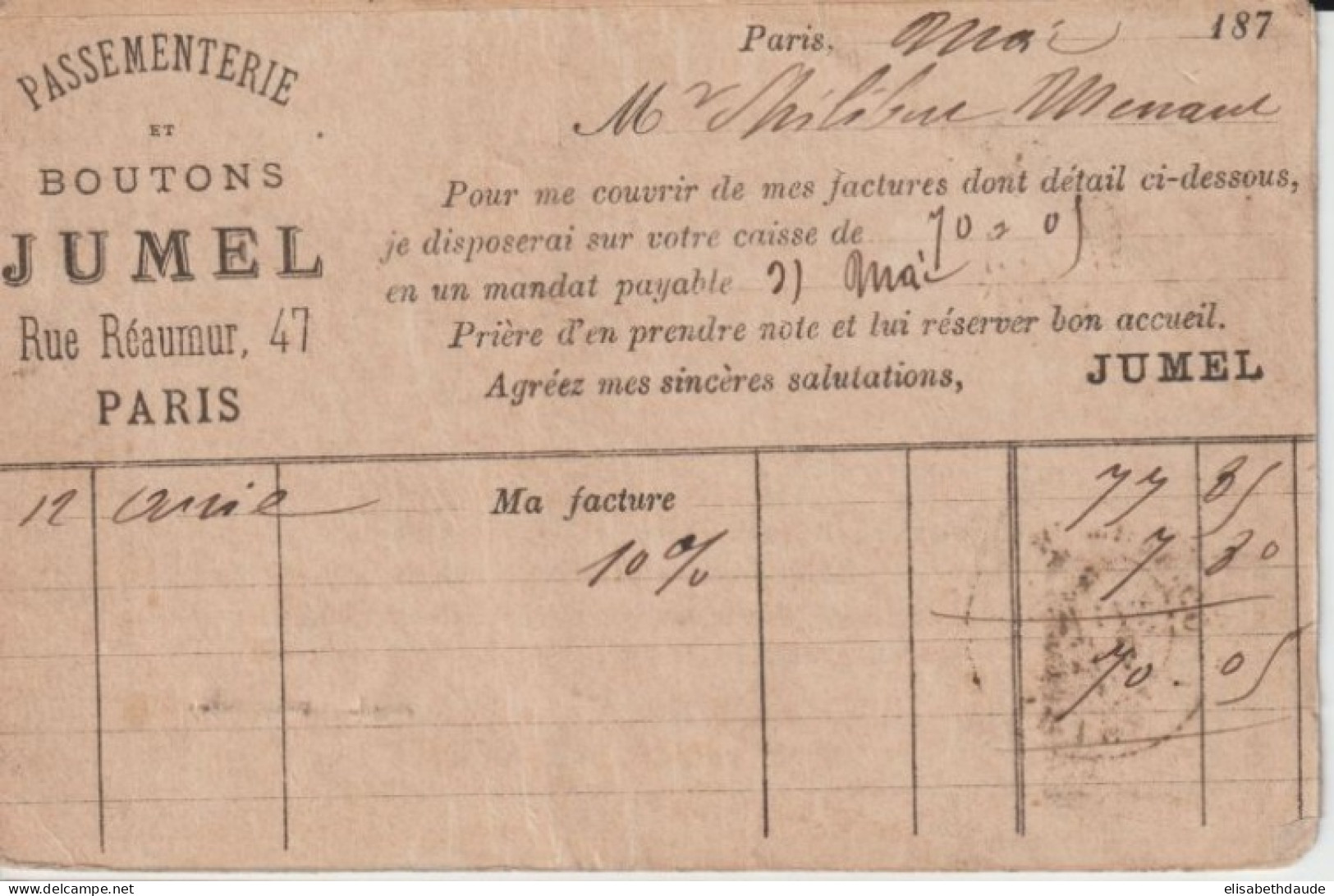 1876 - CP PRECURSEUR ENTIER CERES Avec REPIQUAGE PRIVE ! (PASSEMENTERIE ET BOUTONS JUMEL) De PARIS - Voorloper Kaarten