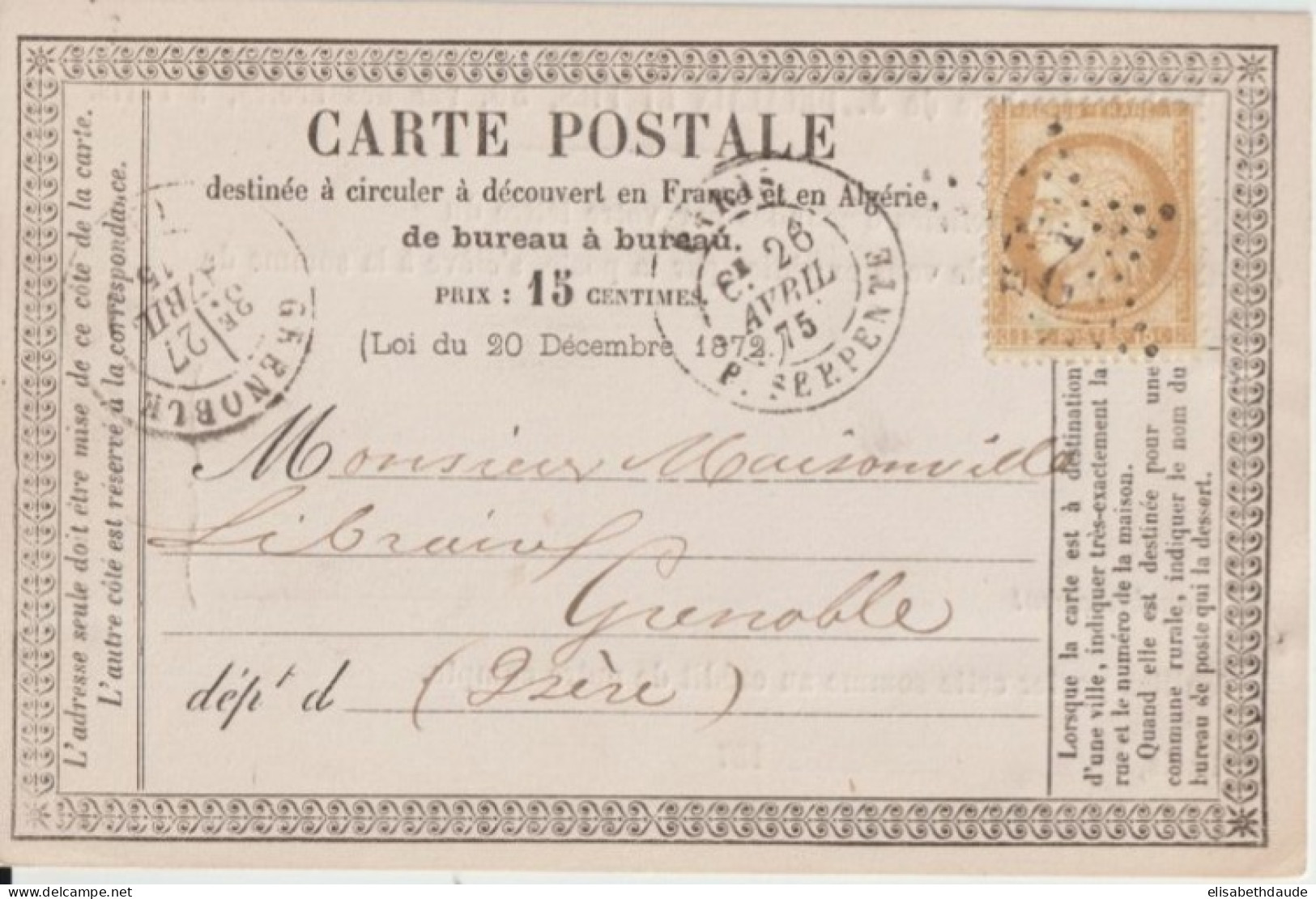 1875 - CP PRECURSEUR ENTIER CERES Avec REPIQUAGE PRIVE ! (LIBRAIRIE DELALAIN) De PARIS - Cartes Précurseurs