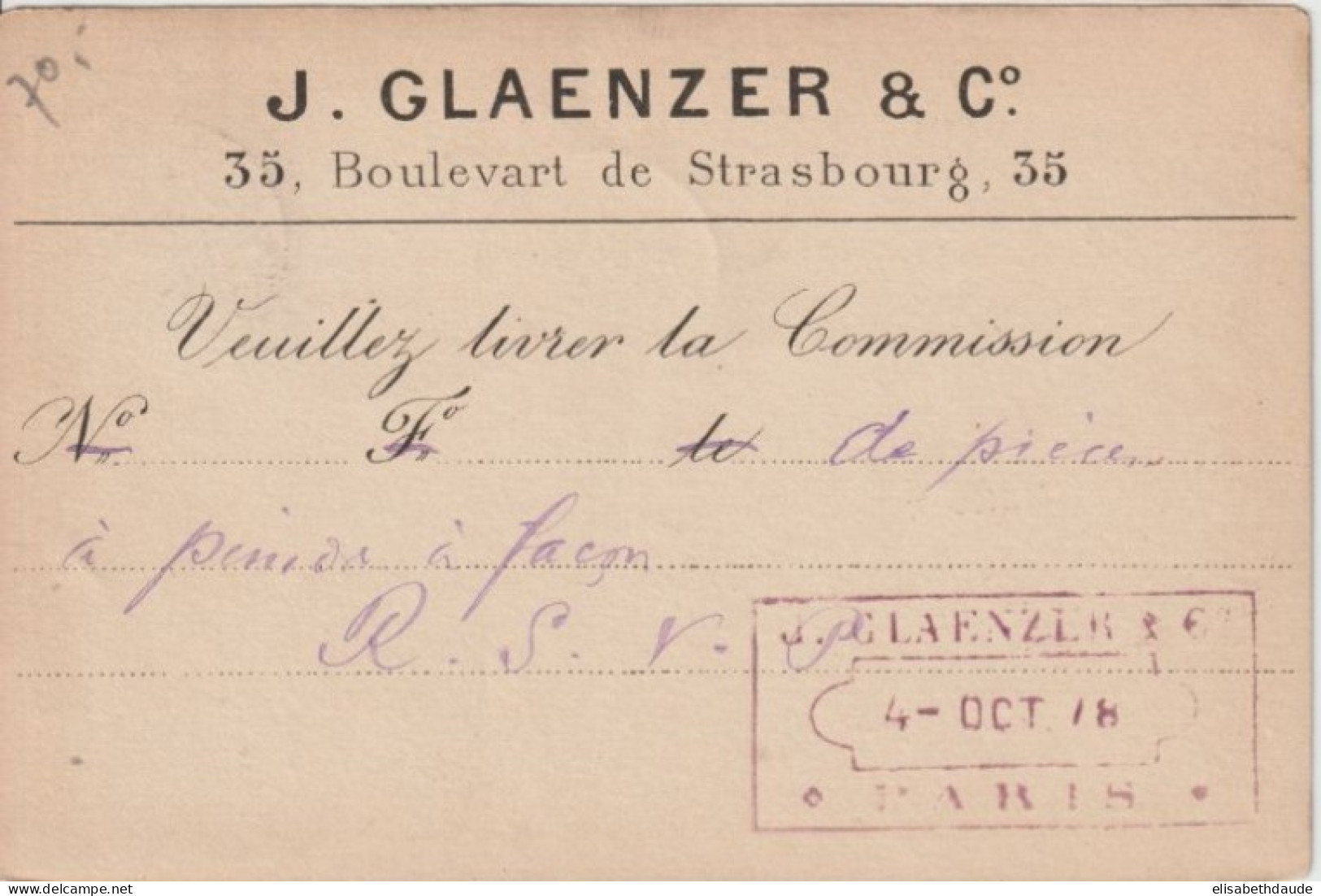 1878 - CP PRECURSEUR ENTIER SAGE Avec REPIQUAGE PRIVE ! (GLAENZER & CO) De PARIS - Tarjetas Precursoras