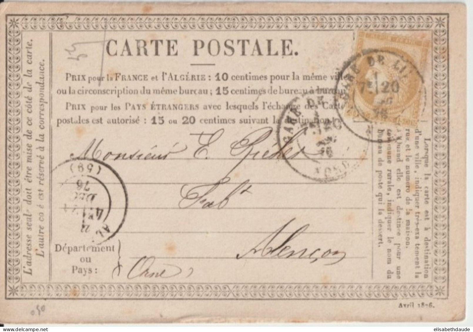 1876 - CP PRECURSEUR ENTIER CERES Avec REPIQUAGE PRIVE ! (BORISSOW) De LILLE => ALENCON (ORNE) - Precursor Cards