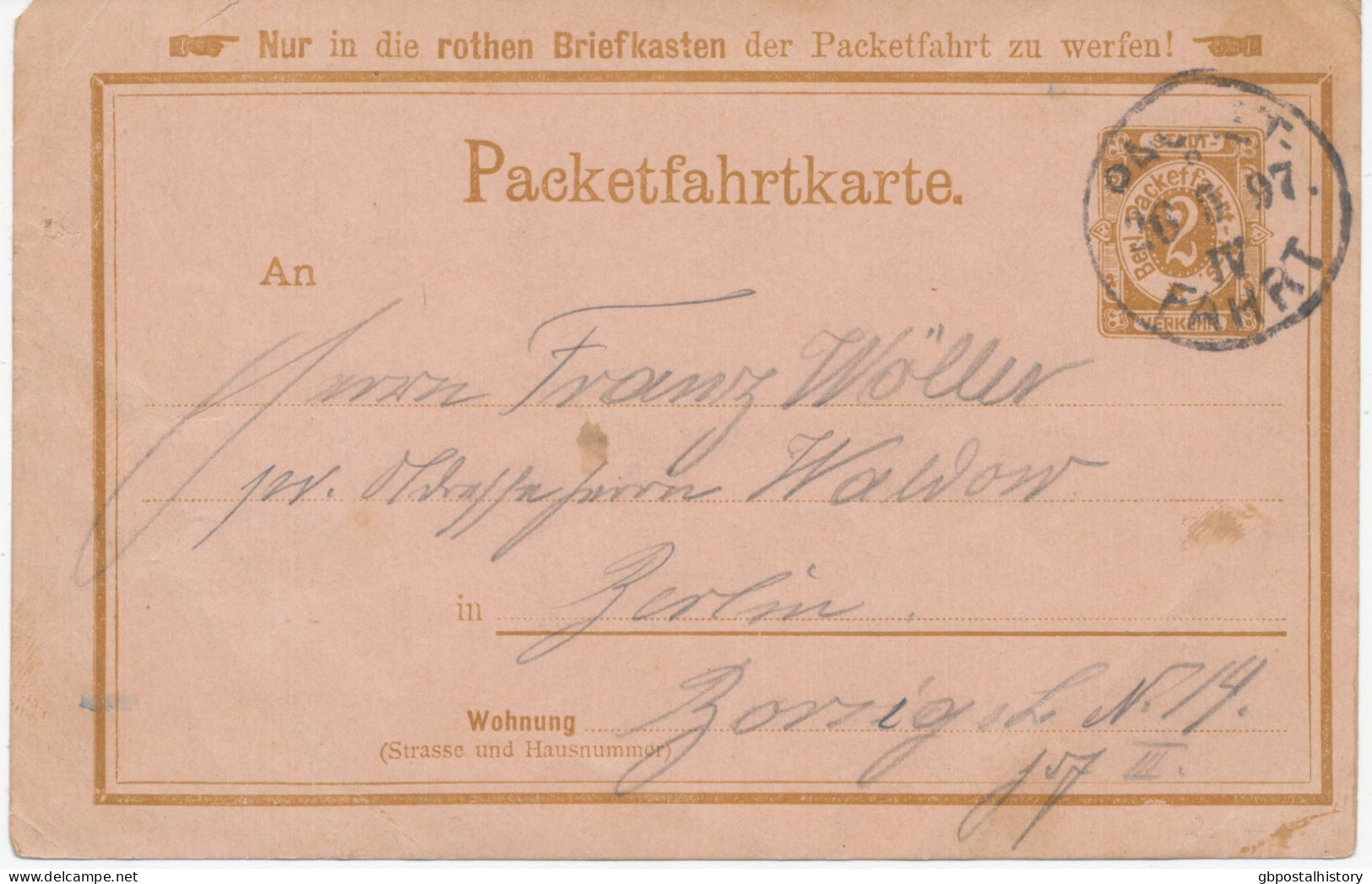 BERLIN 1897 BERLIN Packetfahrtkarte 2 Pf GA-Postkarte Der Beliner Packertfahrt AG Mit K1 „PACKET-FAHRT“, Selten - Privatpostkarten - Gebraucht