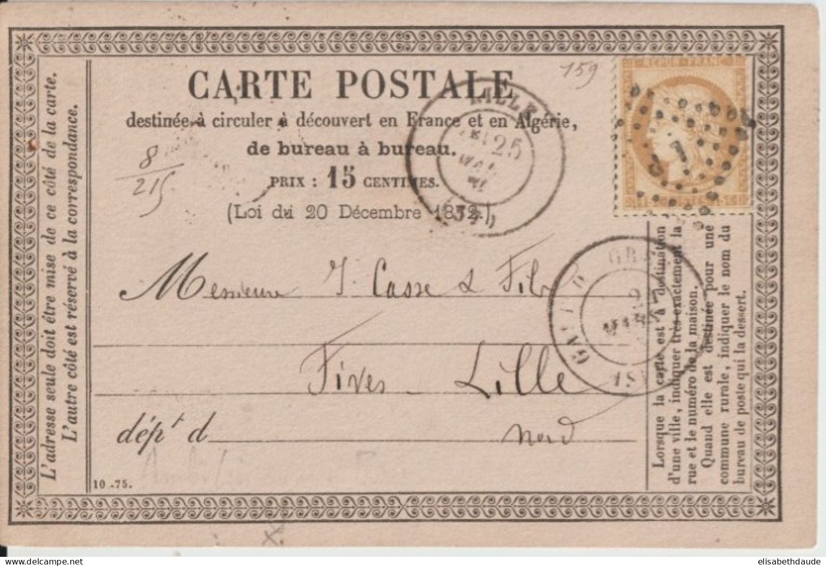1876 - CP PRECURSEUR ENTIER CERES Avec REPIQUAGE PRIVE ! (VIALLET & THONNIN) De GRENOBLE (ISERE) - Cartes Précurseurs