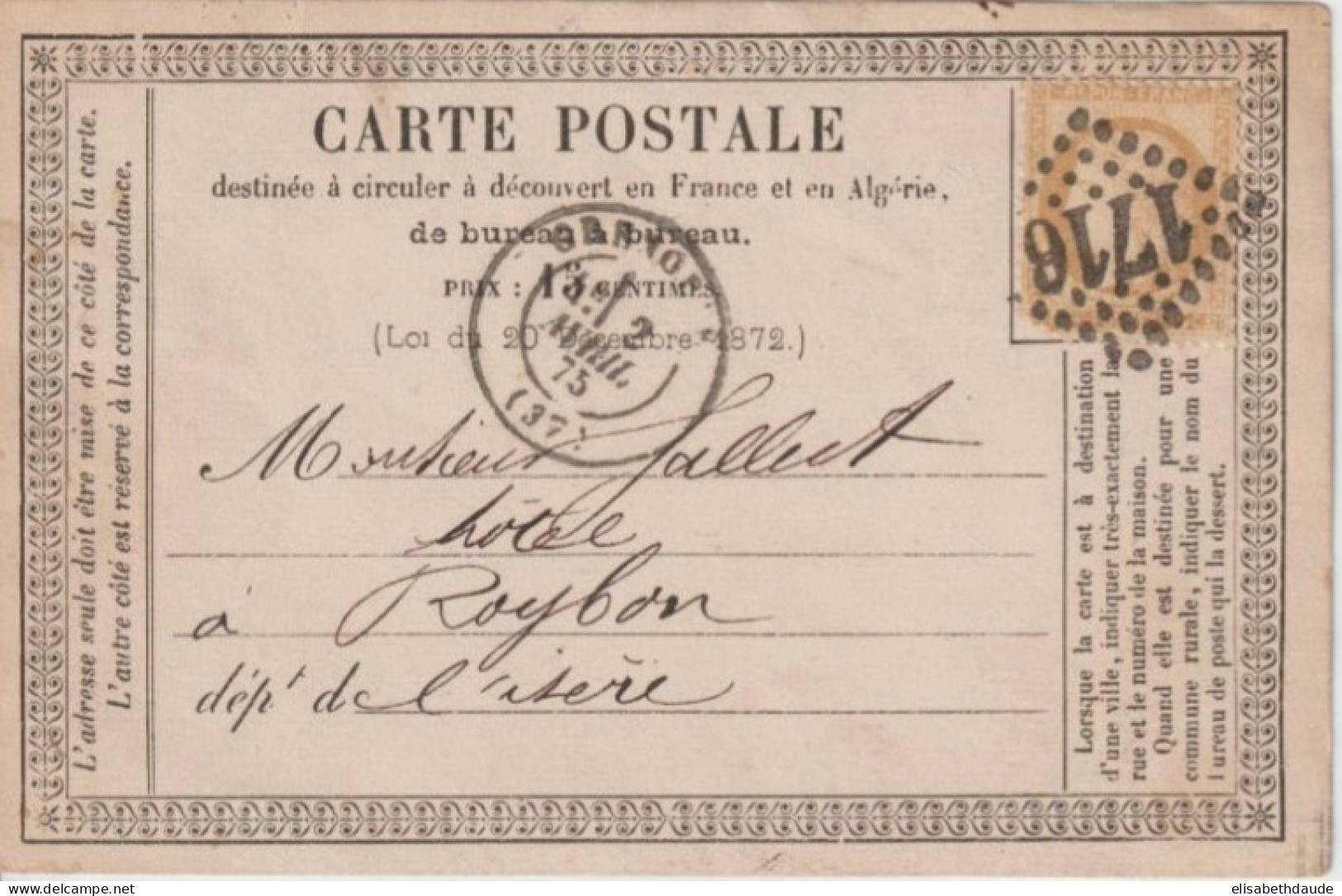 1875 - CP PRECURSEUR ENTIER CERES Avec REPIQUAGE PRIVE ! (IMPRIMERIE LITHOGRAPHIE MAISONVILLE & FILS) à GRENOBLE (ISERE) - Precursor Cards