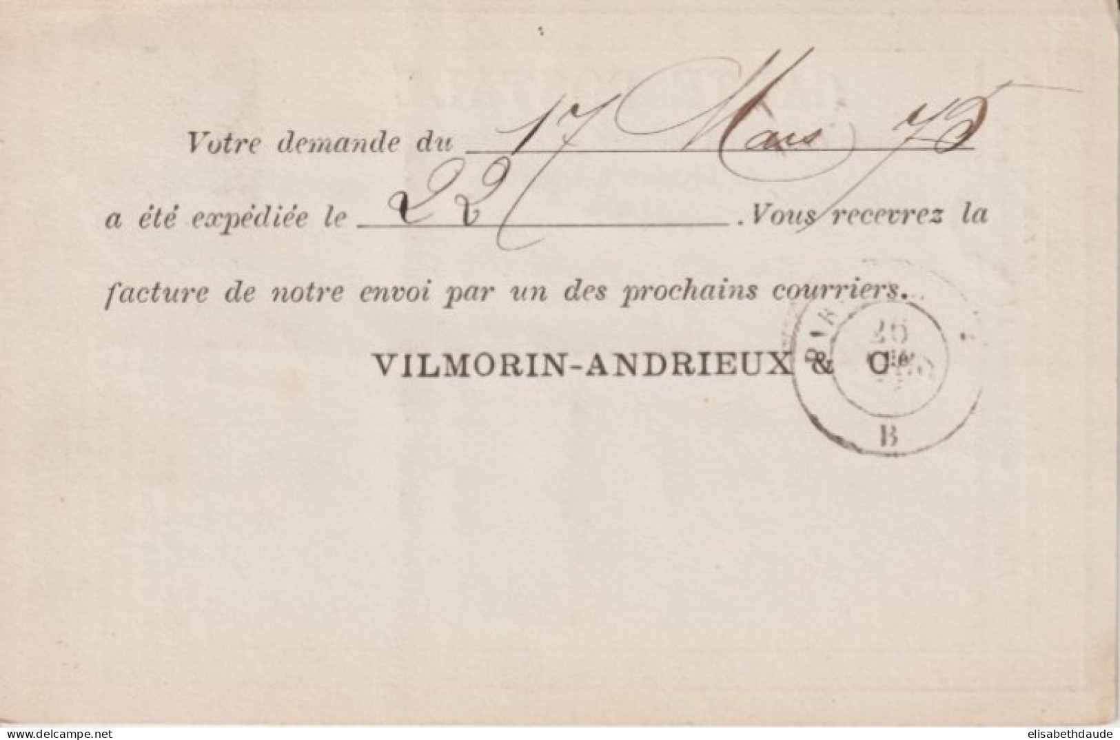 1875 - CP PRECURSEUR ENTIER CERES Avec REPIQUAGE PRIVE ! (VILMORIN-ANDRIEUX) De PARIS => CHARTRES - Tarjetas Precursoras