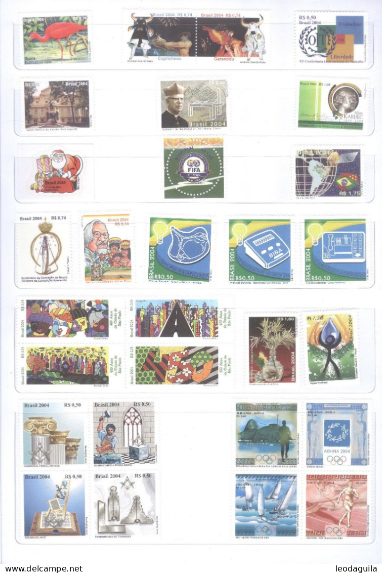 BRAZIL 2004  FULL YEAR COLLECTION  - 37 COMMEMORATIVES STAMPS + 5 REGULAR + 2 MINI SHEETS   -  MINT - Full Years