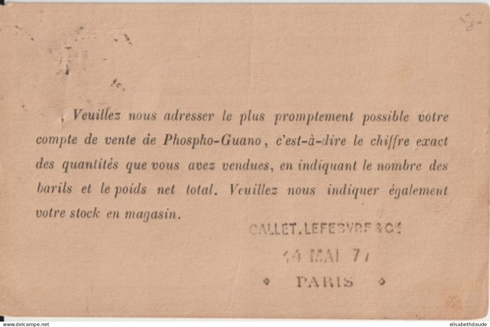 1877 - CP PRECURSEUR ENTIER SAGE N° CONTROLE 29 0 AU LIEU DE 2960 + REPIQUAGE PRIVE ! (CALLET LEFEBVRE & CO) De PARIS - Cartes Précurseurs