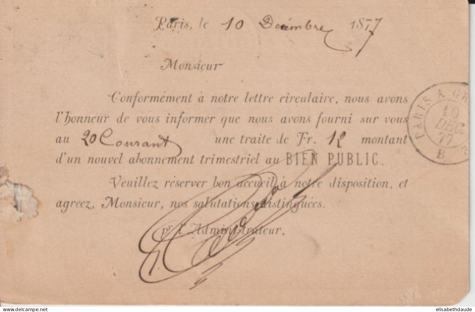 1877 - CP PRECURSEUR ENTIER SAGE Avec REPIQUAGE PRIVE ! (JOURNAL BIEN PUBLIC) De PARIS - Cartes Précurseurs