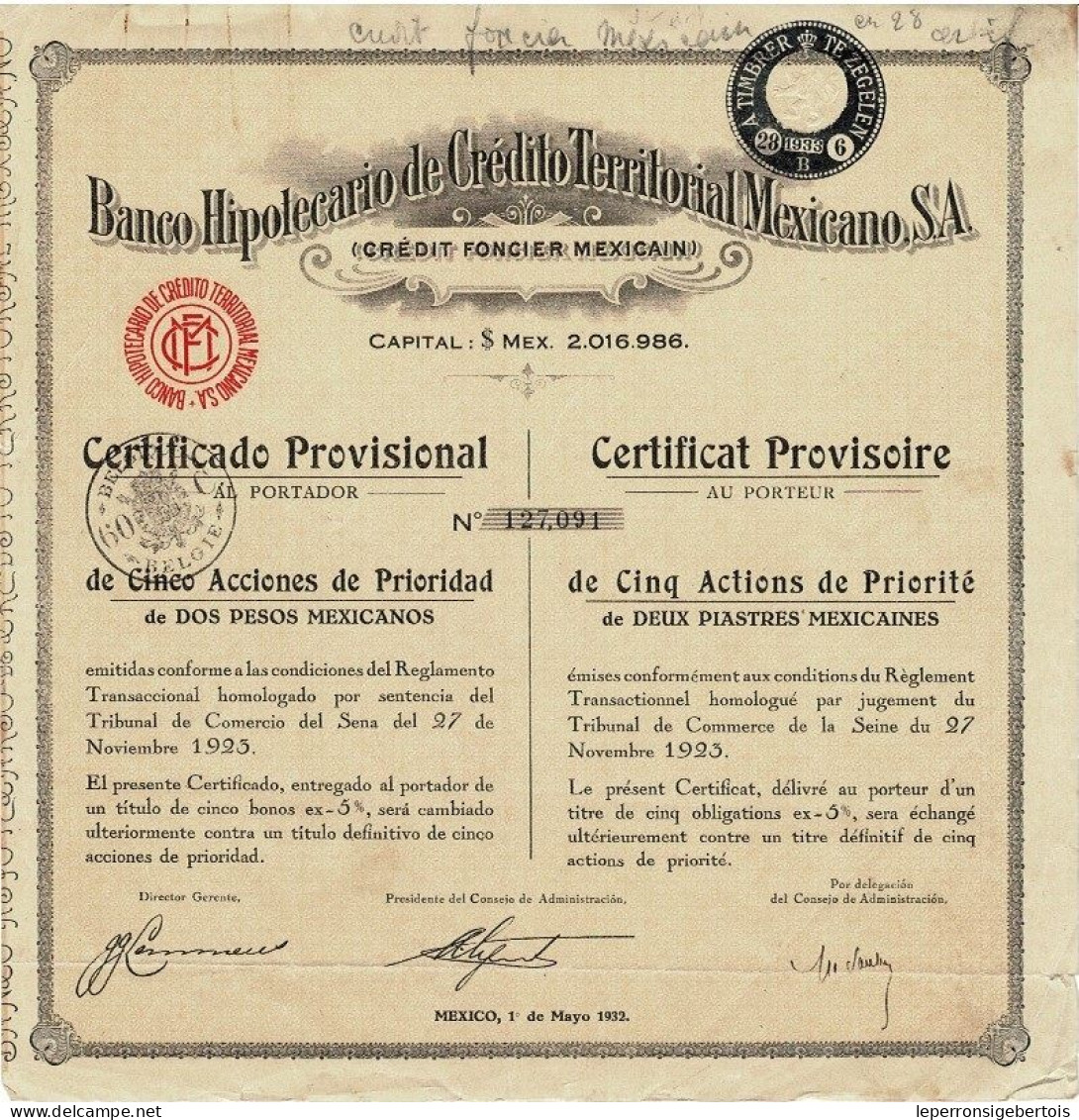 - Titulo De 1932 - Banco Hipotecario De Crédito Territorial Mexicano S.A  - - Banque & Assurance