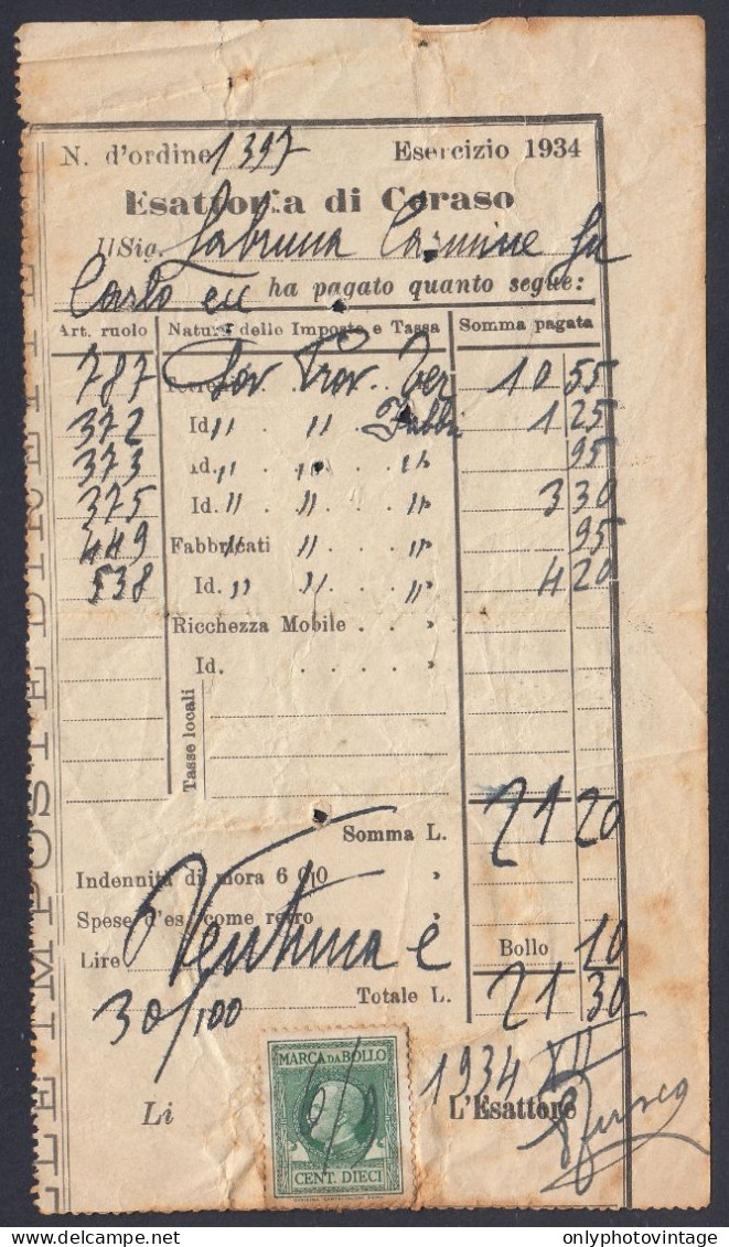 Regno D'Italia 1934, Ricevuta Esattoria Di Ceraso (SA), Marca Da Bollo 10 Cent. + 10 Cent. Tubercolosi Poveri - Steuermarken