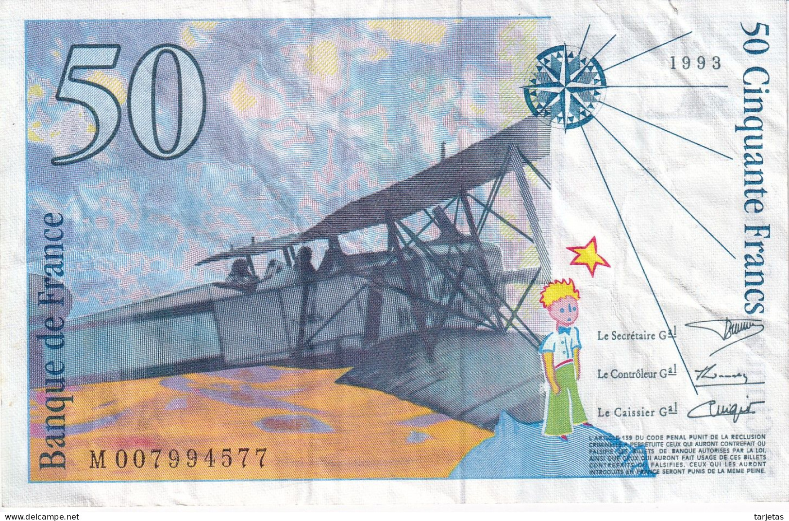 BILLETE DE FRANCIA DE 50 FRANCS DEL AÑO 1993  (BANKNOTE) EXUPERY - 50 F 1992-1999 ''St Exupéry''