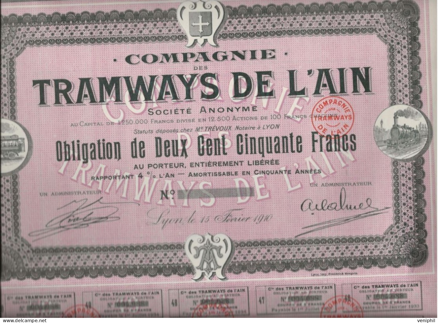 COMPAGNIE DES TRAMWAYS DE L'AIN  - LOT DE 6 OBLIGATIONS DE 250 FRANCS - ANNEE 1910 - Spoorwegen En Trams