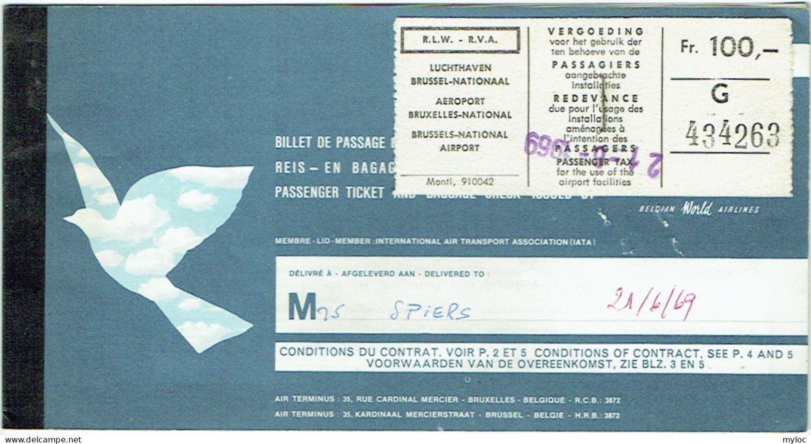 Ticket/Billet Avion. SABENA. Brussels/Genève/Brussels. 1969. Taxe Aéroport. - Europe