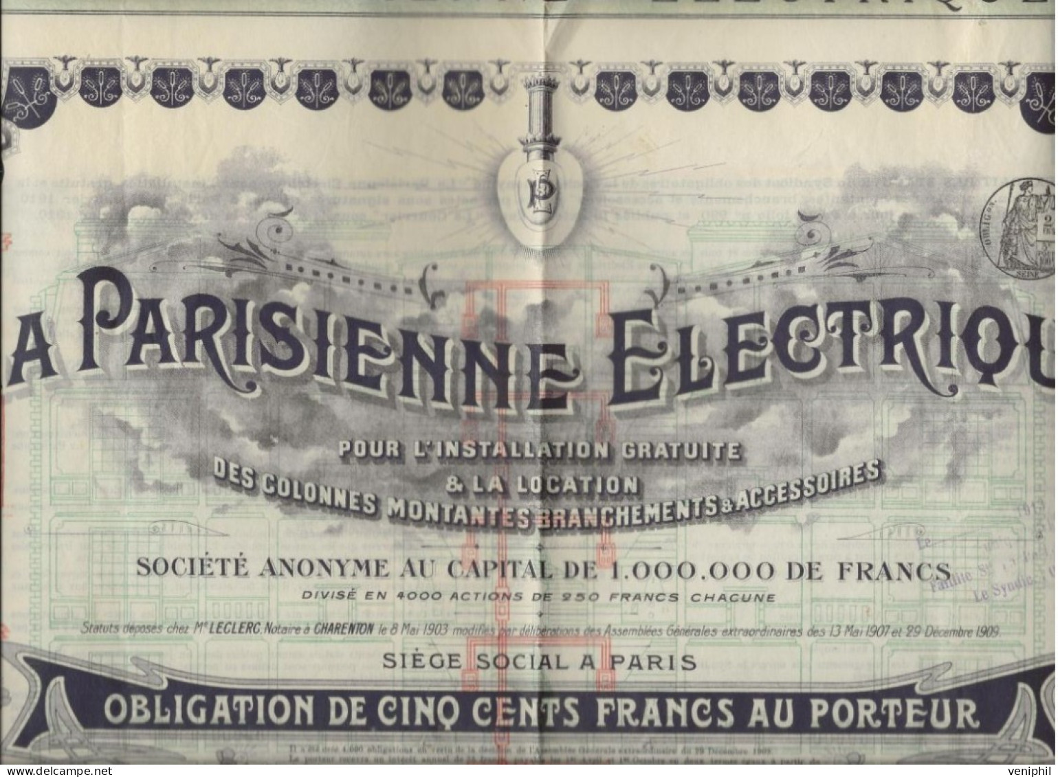 LA PARISIENNE ELECTRIQUE  -LOT DE 2 OBLIGATION DE CINQ CENTS FRANCS - 1910 - Electricité & Gaz