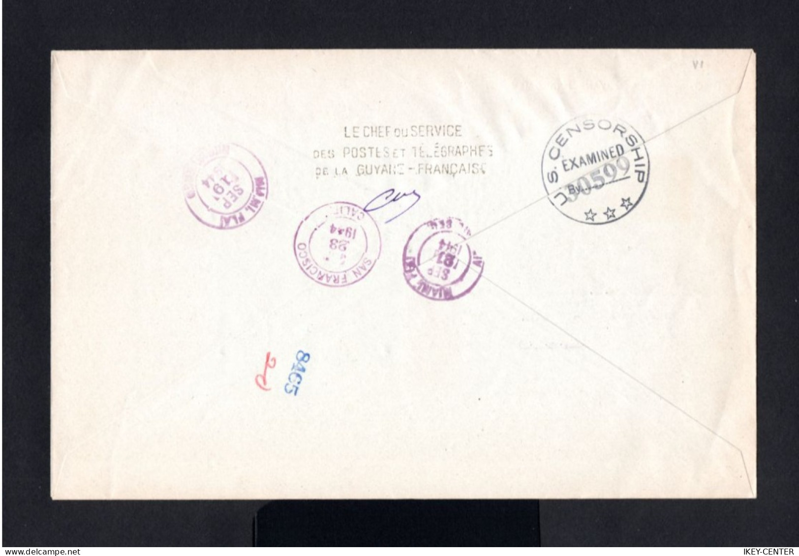 K483-FRENCH GUYANA-REGISTERED CENSOR COVER CAYENNE To SAN FRANCISCO (usa)1944.WWII.Enveloppe RECOMMANDE GUYANE FRANÇAISE - Lettres & Documents