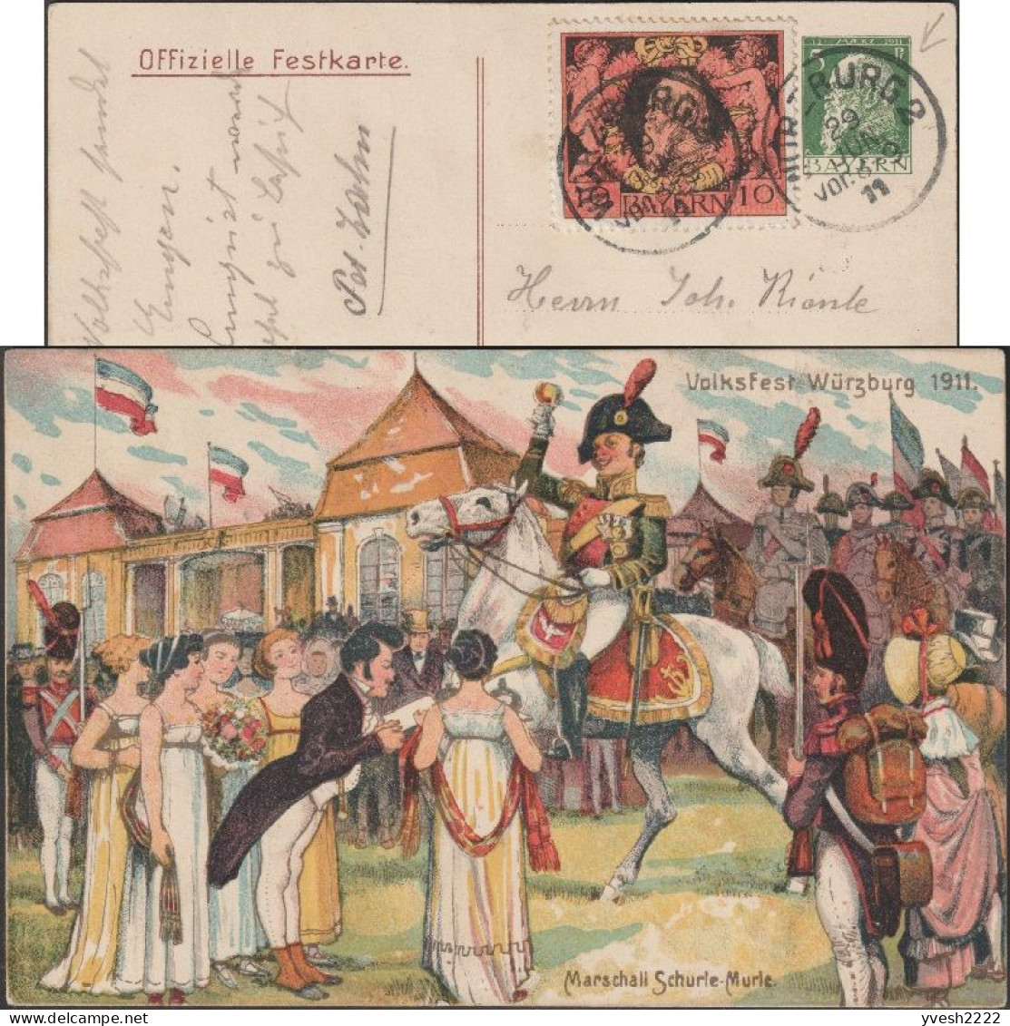 Bavière 1911. Entier Postal Timbré Sur Commande. Fête Populaire De Wurtzbourg. Soldat à Cheval, Verre De Vin, Napoléon - Napoléon