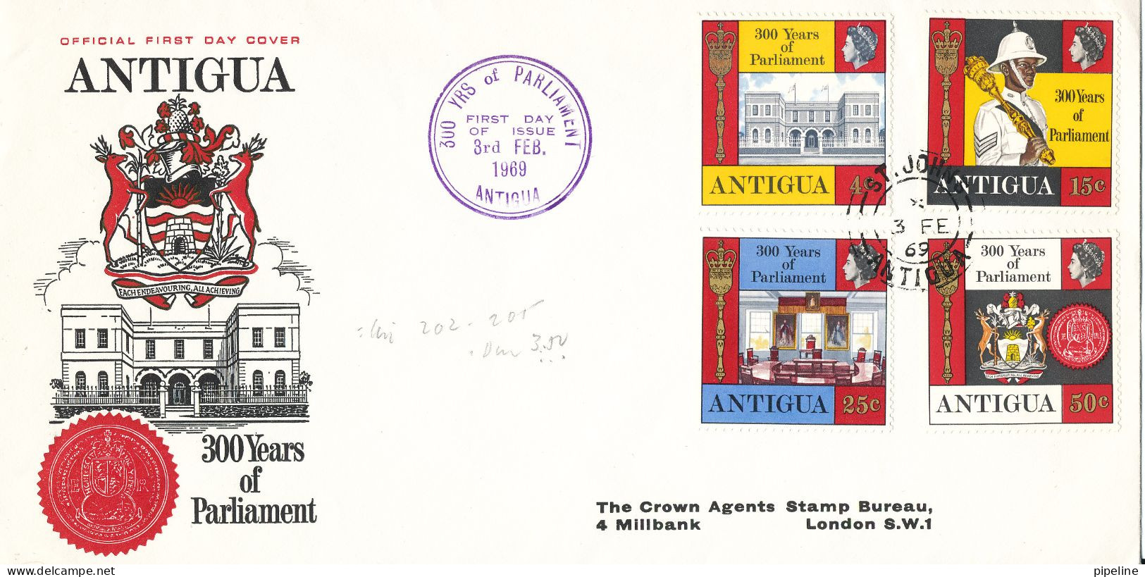 Antigua FDC 3-2-1969 Complete Set Of 4, 300 Years Of Parliament With Cachet - 1960-1981 Autonomie Interne