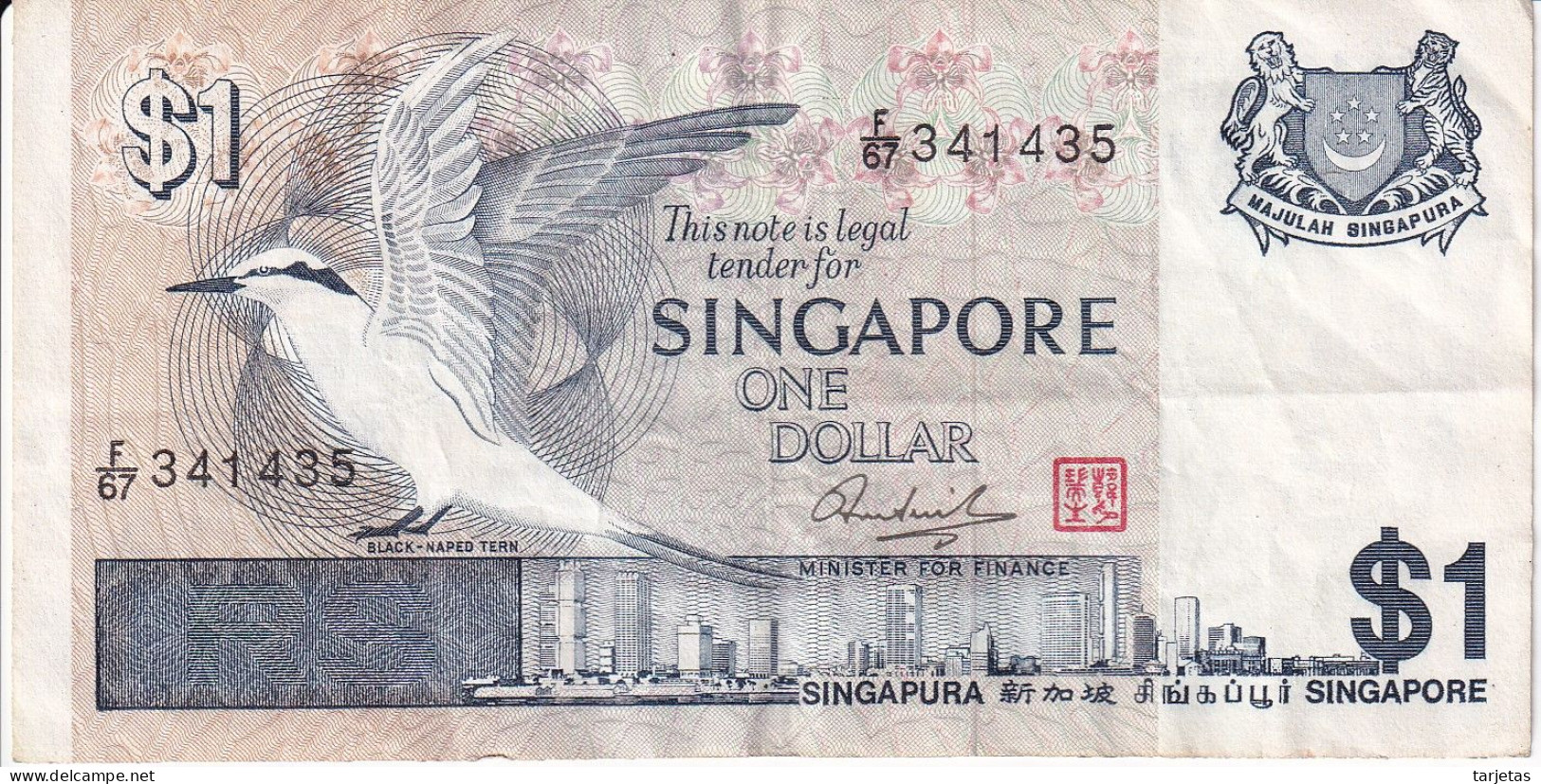 BILLETE DE SINGAPORE DE 1 DOLLAR DEL AÑO 1976 (BANKNOTE) PAJARO-BIRD - Singapour