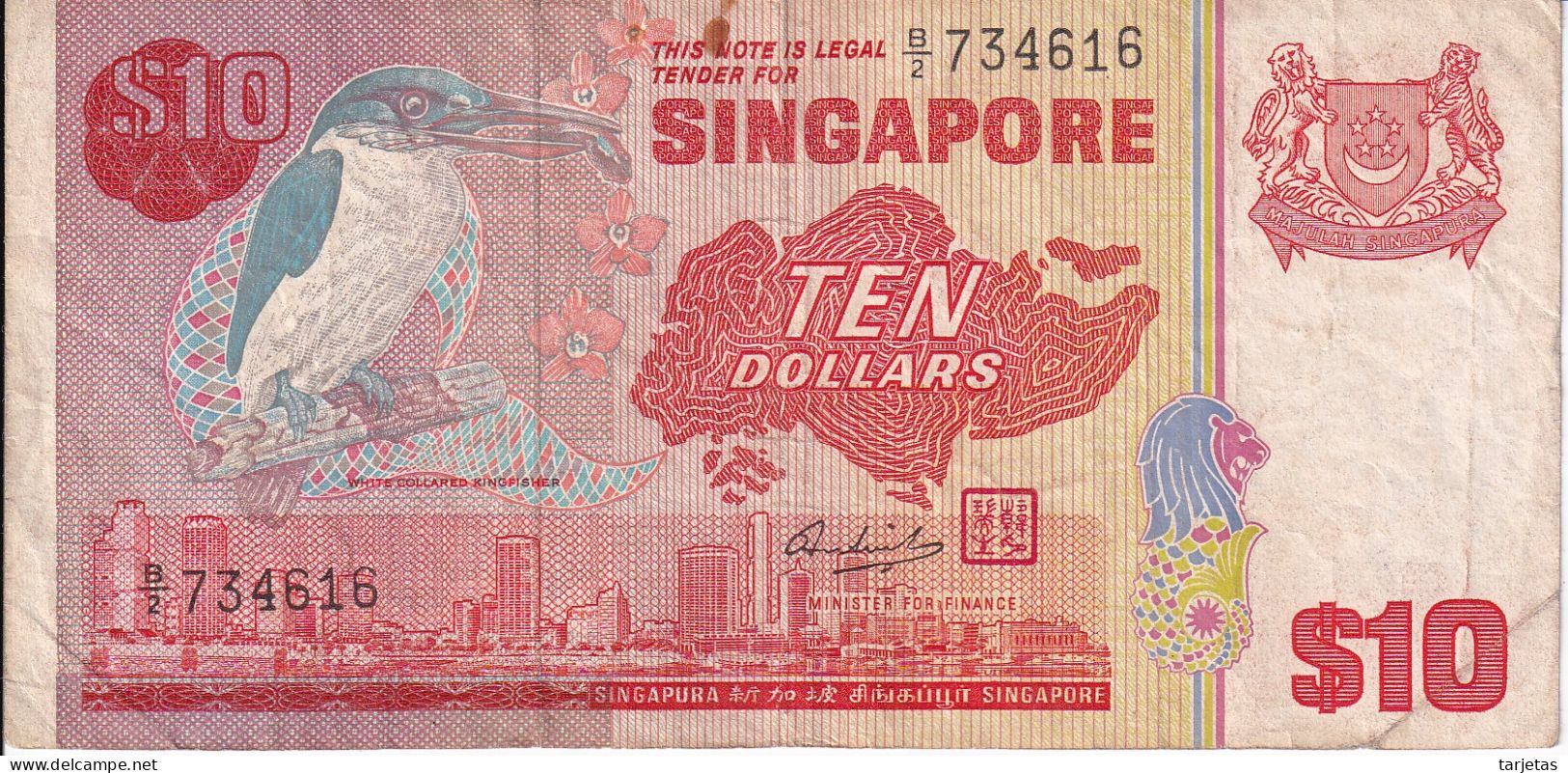 BILLETE DE SINGAPORE DE 10 DOLLARS DEL AÑO 1976 (BANKNOTE) PAJARO-BIRD - Singapour