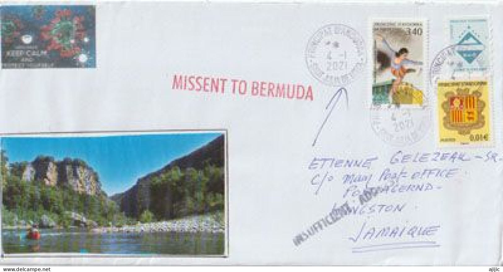 Circulated Philatelic Letter From Andorra Sent To Jamaica,  MISSENT TO BERMUDA, During Covid19 Restrictions 2021 - Lettres & Documents