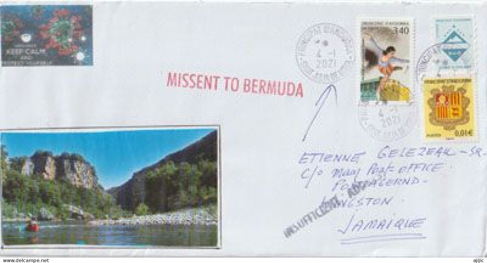 Circulated Philatelic Letter From Andorra Sent To Jamaica,  MISSENT TO BERMUDA, During Covid19 Restrictions 2021 - Covers & Documents