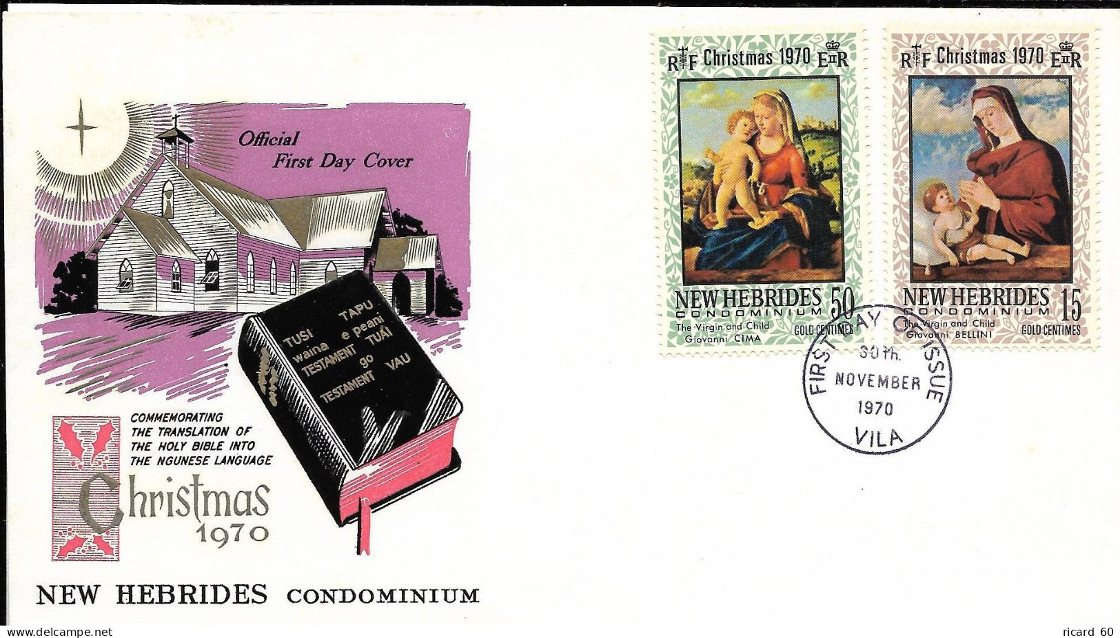 Env Fdc New Hebrides 1970, Christmas 1970, Vierge à L'Enfant Jésus, Bible - Lettres & Documents