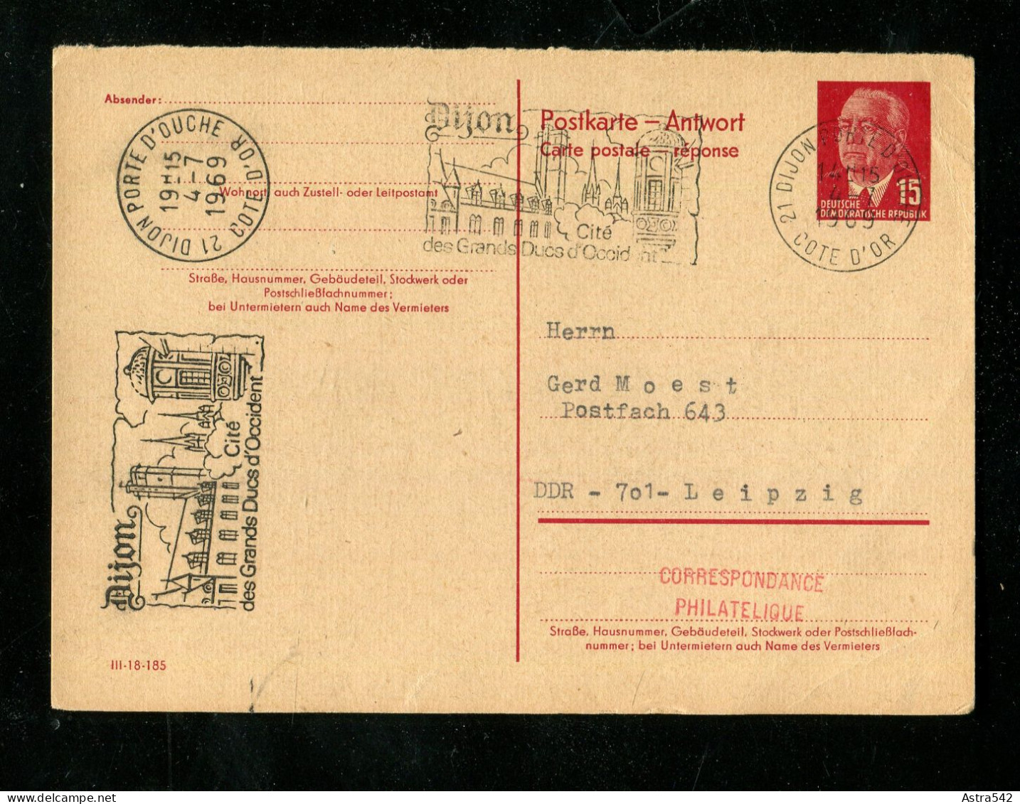 "DDR" 1956, Postkarte (Antwortteil) Mi. P 65a A Stempel "DIJON" (18288) - Cartoline - Usati