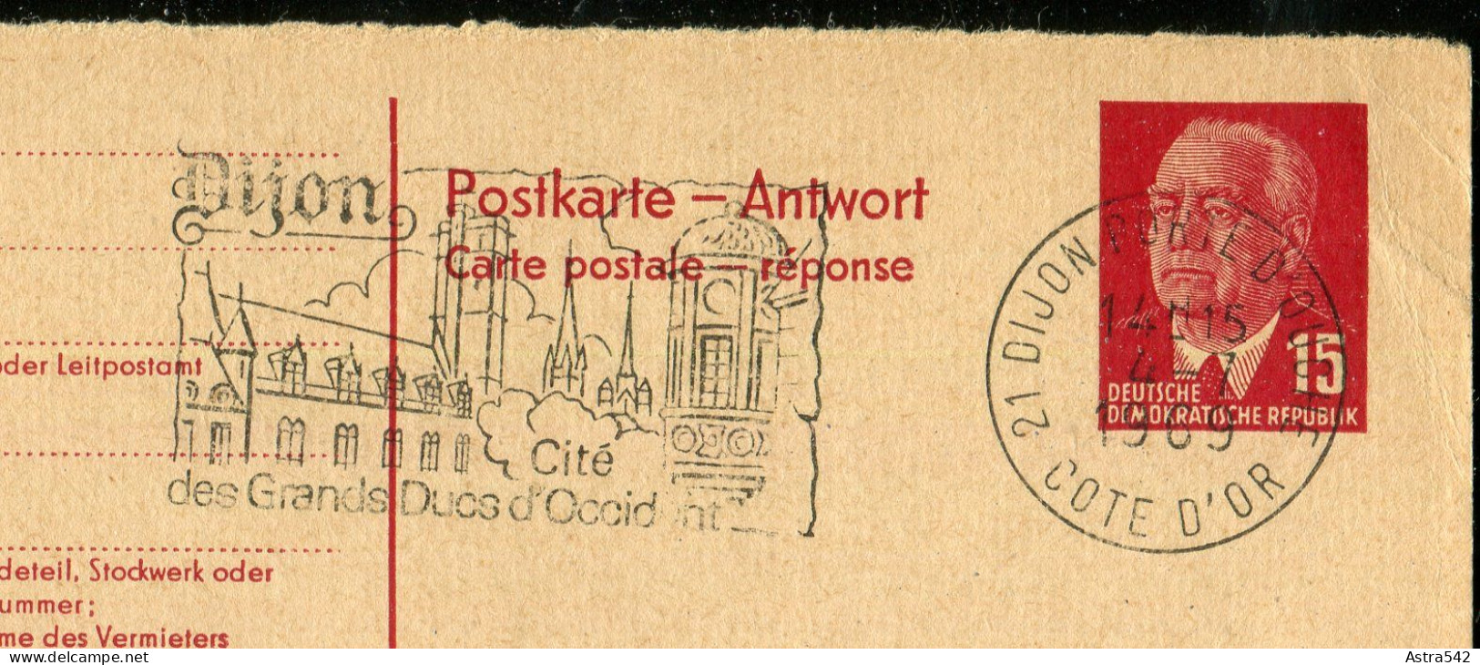 "DDR" 1956, Postkarte (Antwortteil) Mi. P 65a A Stempel "DIJON" (18288) - Cartes Postales - Oblitérées