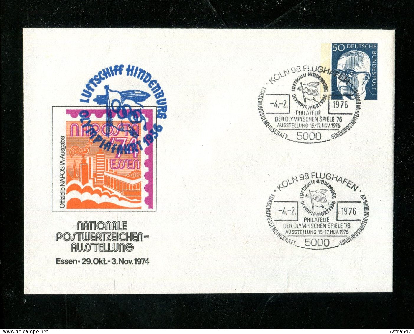 "BUNDESREPUBLIK DEUTSCHLAND" 1976, Privatganzsachenumschlag "Luftschiff Hindenburg", SSt. "Koeln-Flughafen" (18298) - Private Covers - Used