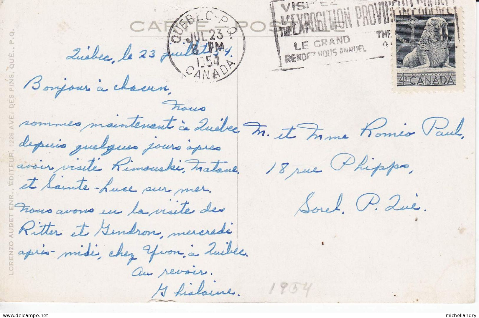 Carte Postal (123224) Québec Château Frontenac Jul 23 1954timbre 4c CDN Avec écriture - Québec - Château Frontenac