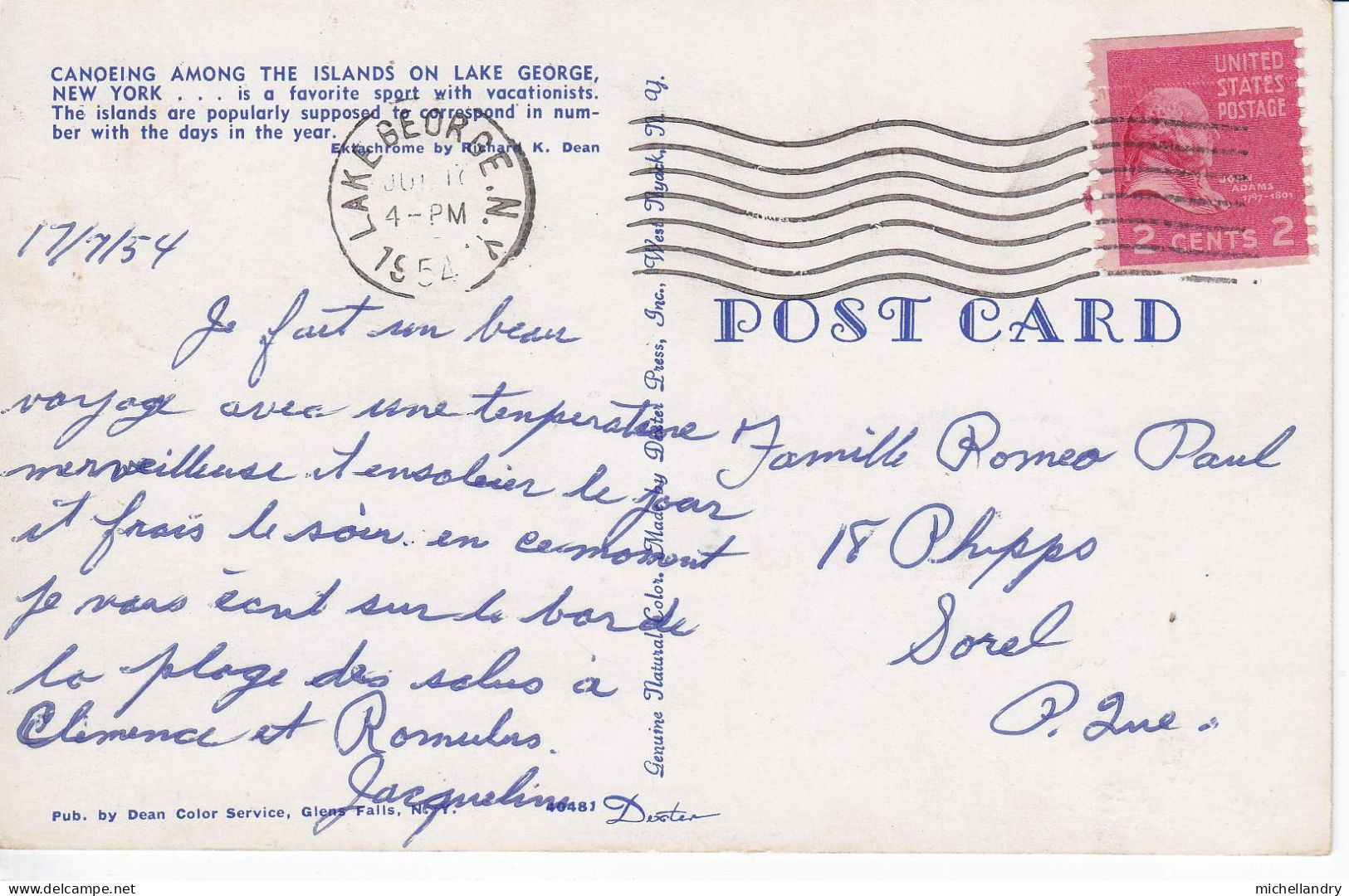 Carte Postal (123226) The Islands On Lake George New York Jul 17 1954 Timbre 2c US Avec écriture - Lake George