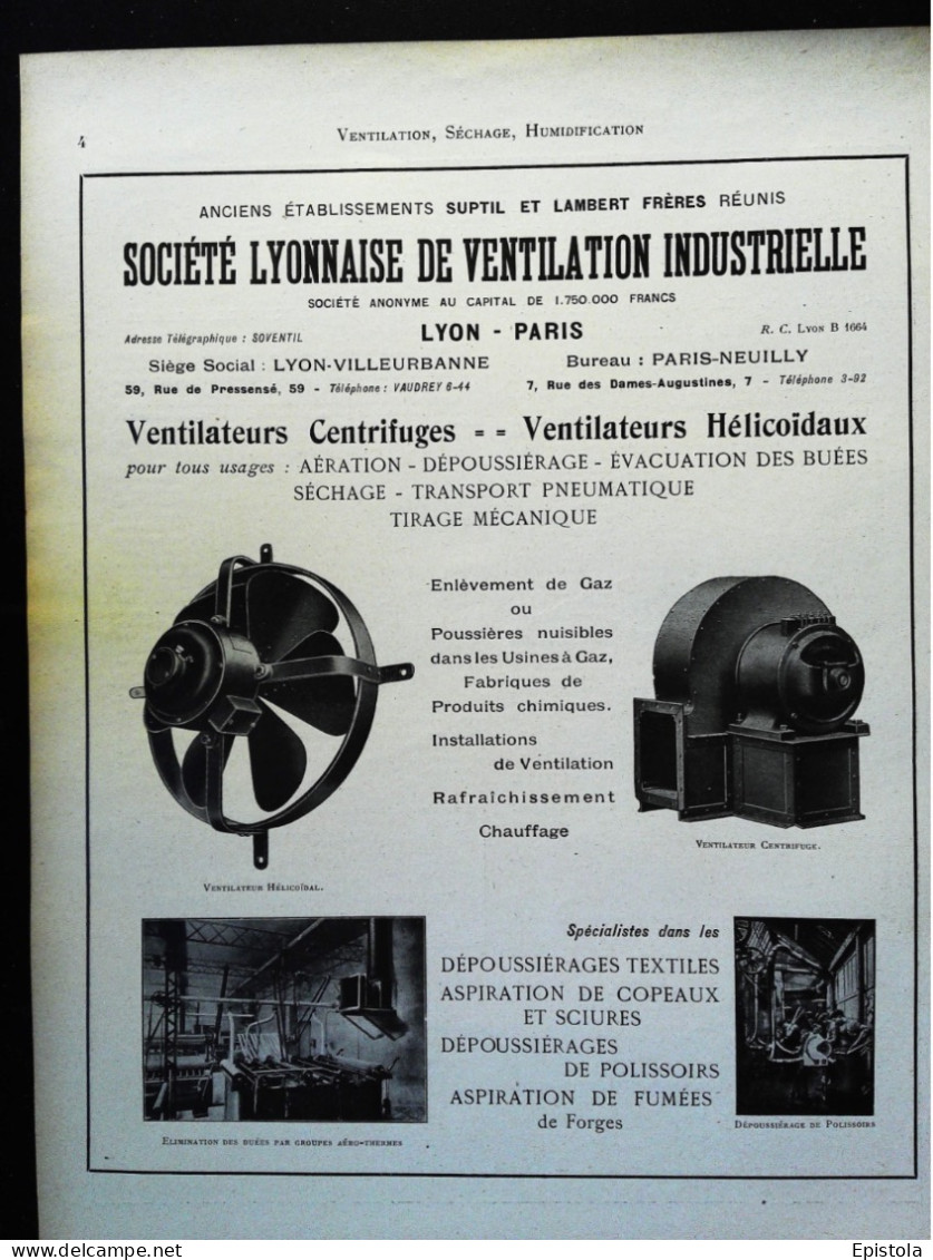 ► VENTILATEUR INDUSTRIEL Sté Lyonnaise De Ventilation LYON VILLEURBANNE  Page Catalogue Technique 1928  (Env 22 X 30 Cm) - Tools