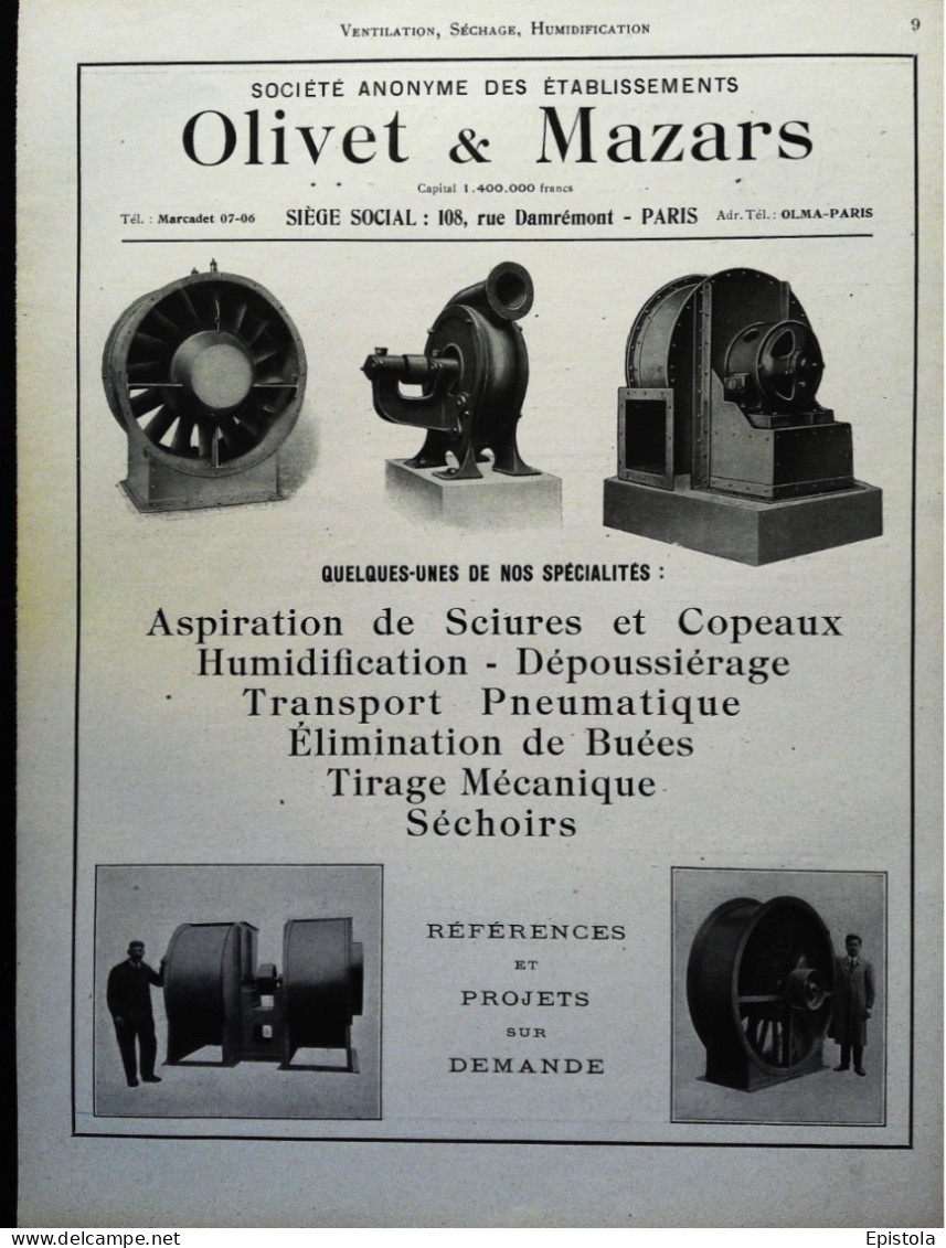 ► ASPIRATEUR  INDUSTRIEL  à SCIURES ETs OLIVET & MAZARS  - Page Catalogue Technique 1928  (Env 22 X 30 Cm) - Maschinen