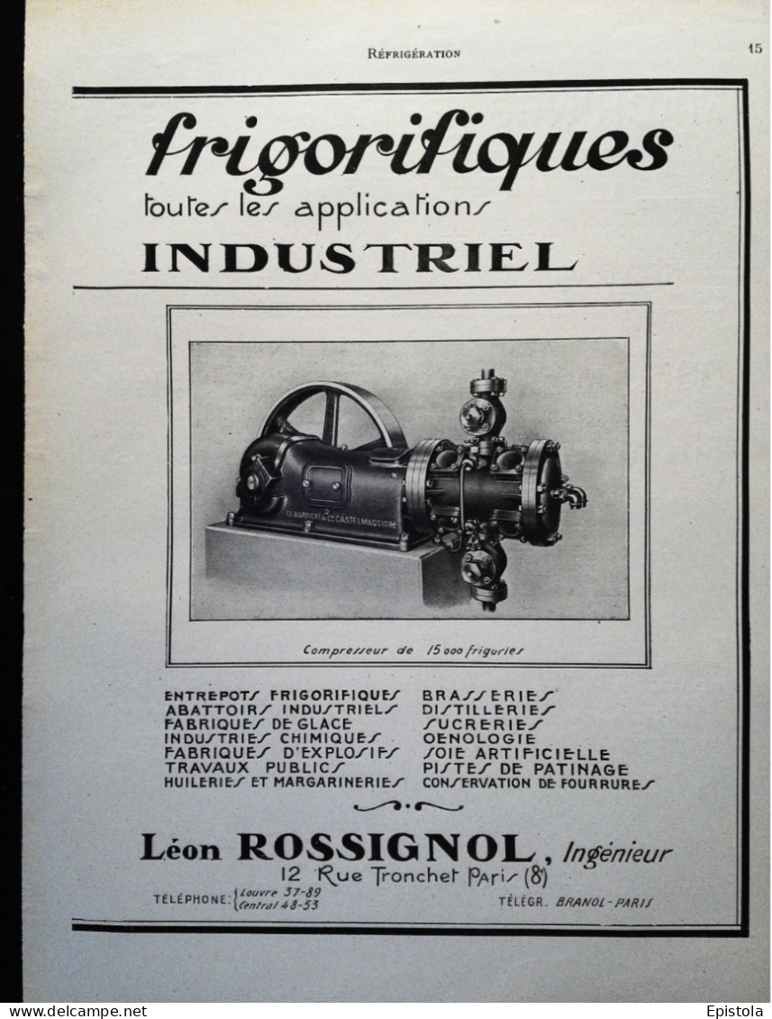 ► COMPRESSEUR FRIGORIFIQUE Ets ROSSIGNOL Rue Tronchet PARIS 8e - Page Catalogue Technique 1928  (Env 22 X 30 Cm) - Macchine
