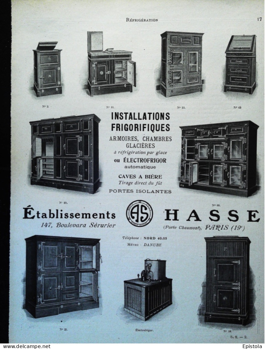 ► INSTALLATION FRIGORIFIQUE Ets HASSE Bd Sérurier PARIS 19e - Page Catalogue Technique 1928  (Env 22 X 30 Cm) - Máquinas