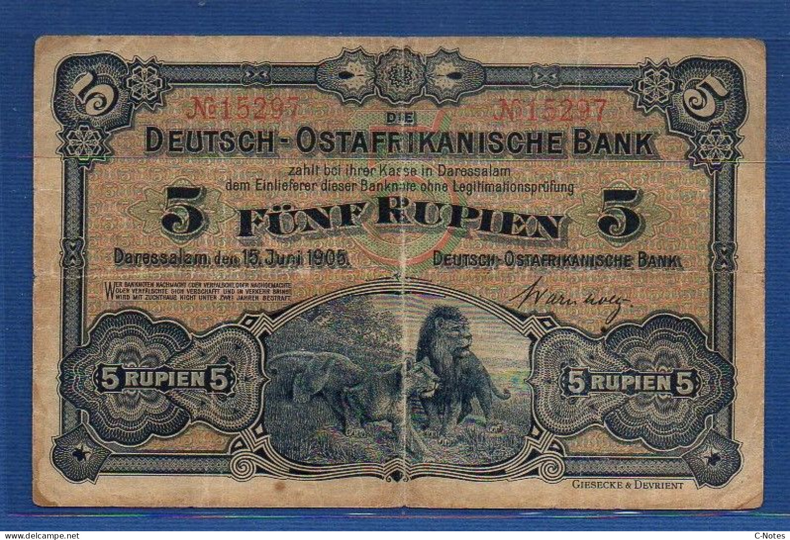 GERMAN EAST AFRICA - P. 1 – 5 Rupien 1905 Circulated / F+, S/n 15297 - Deutsch-Ostafrikanische Bank