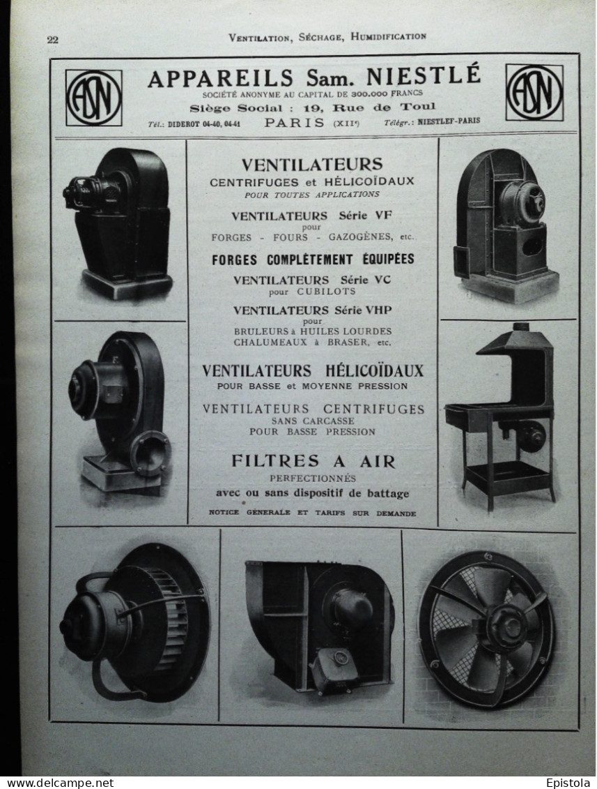 ► APPAREILS VENTILATEUR Sam NIESTLE Rue De Toul PARIS 11eme - Page Catalogue Technique 1928  (Env 22 X 30 Cm) - Máquinas