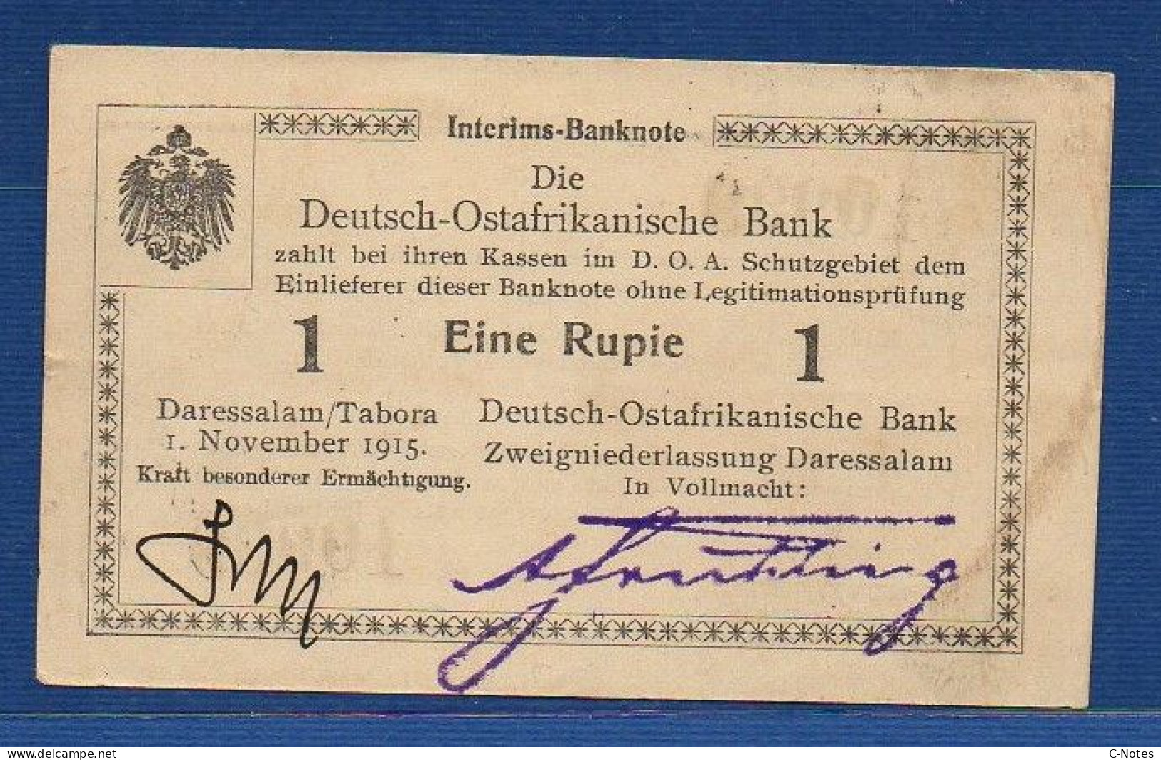 GERMAN EAST AFRICA - P. 9Ab – 1 Rupie 01.11.1915 Circulated / XF/aUNC, S/n A2 10999 - Deutsch-Ostafrikanische Bank