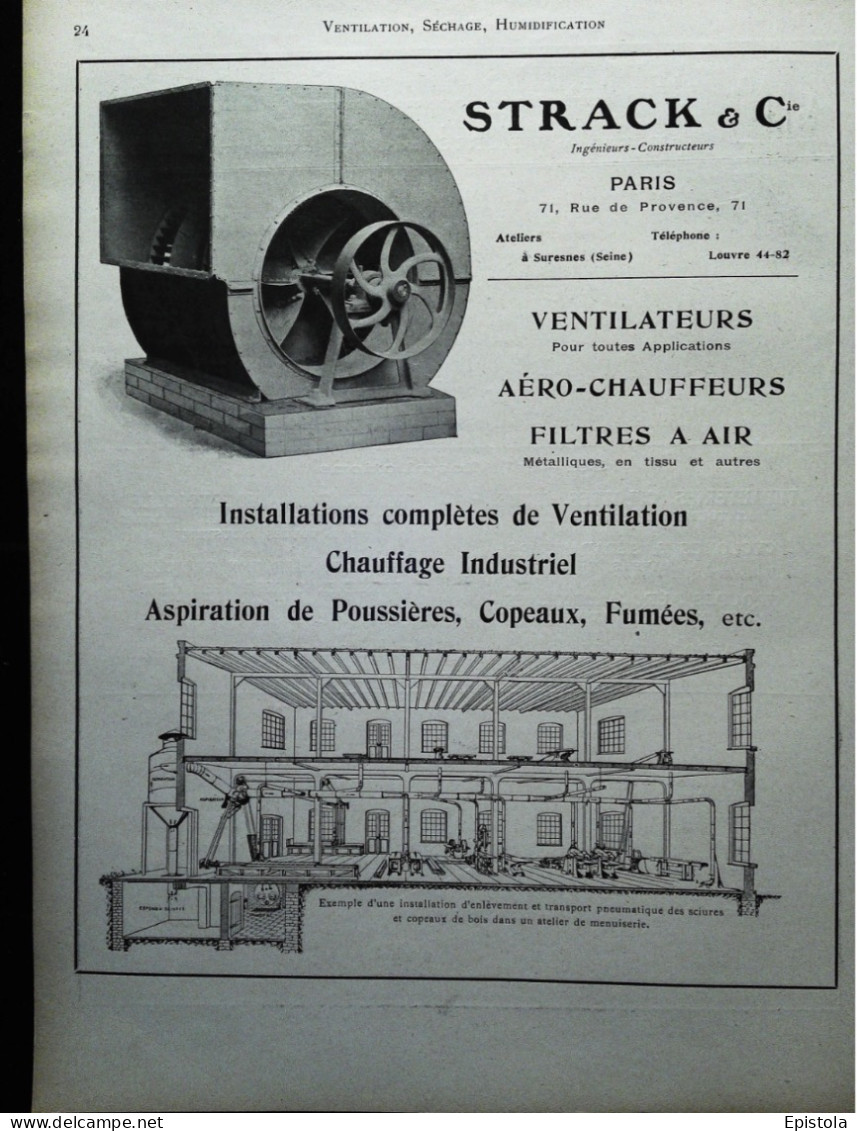 ► APPAREILS VENTILATEUR Ets STRACK & CIE Ateliers SURESNES - Page Catalogue Technique 1928  (Env 22 X 30 Cm) - Maschinen