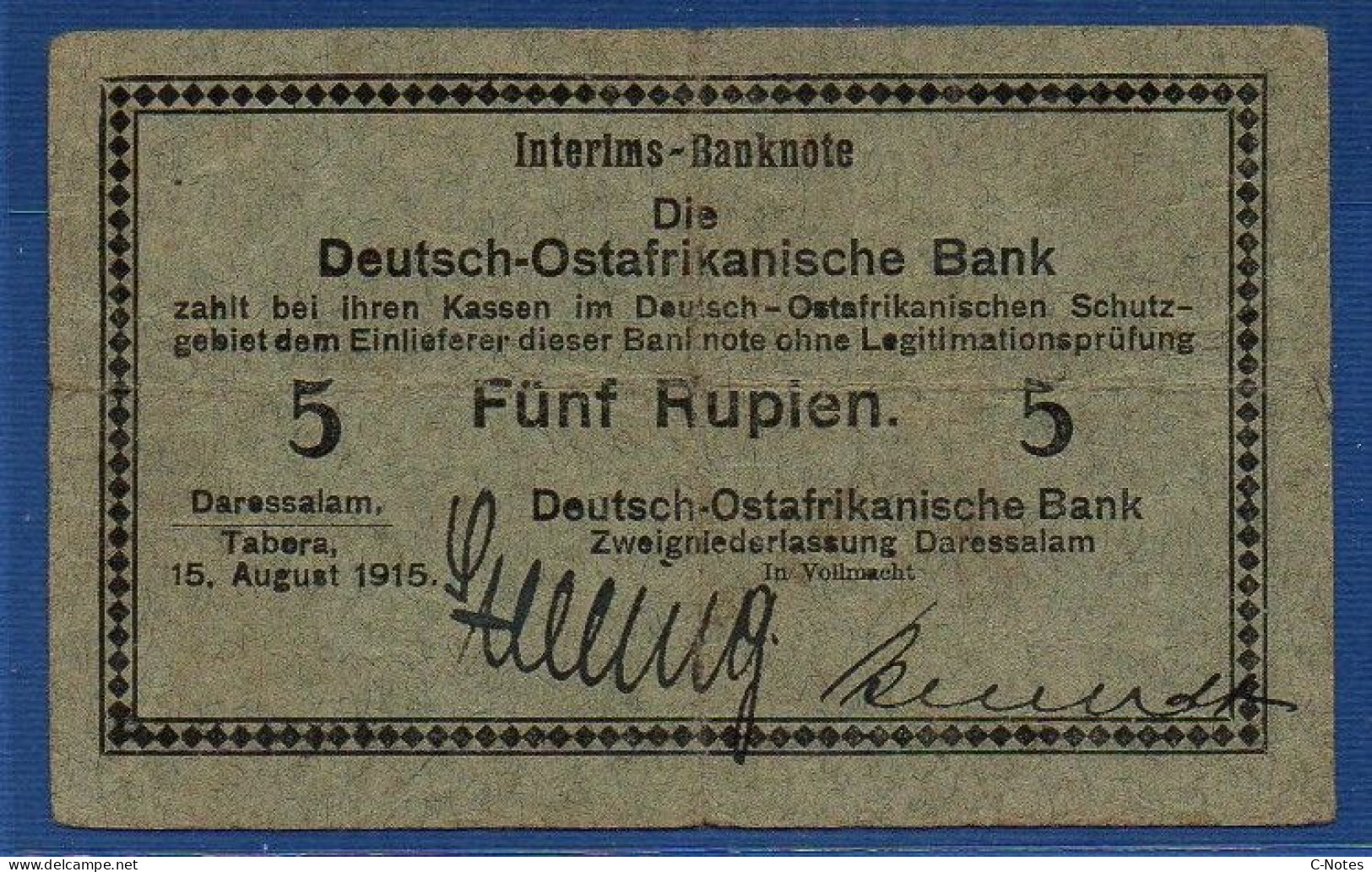 GERMAN EAST AFRICA - P.31 – 5 Rupien 15.08.1915 F+, S/n B 61208 - Deutsch-Ostafrikanische Bank