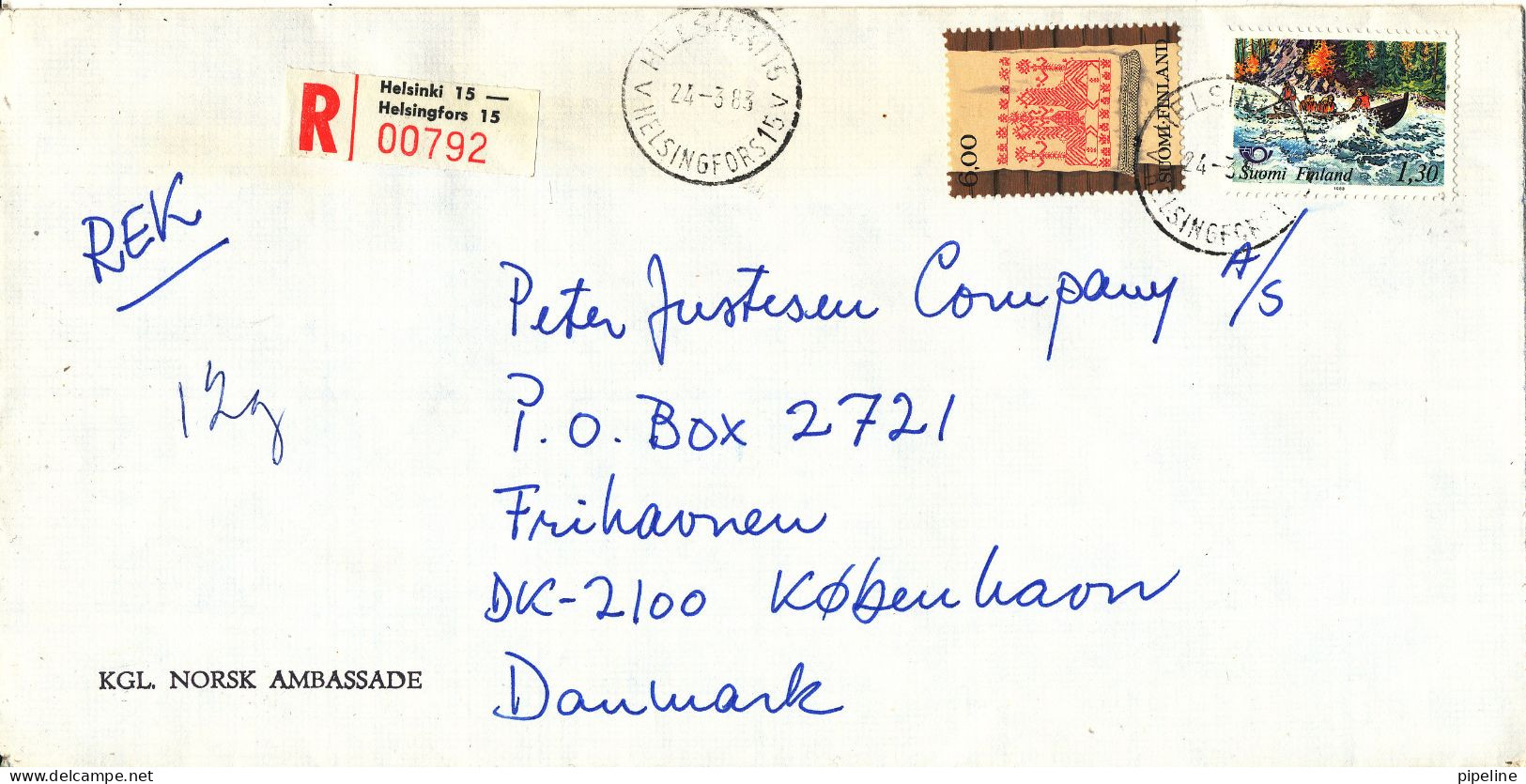 Finland Registered Cover Sent To Denmark 24-3-1983 (sent From The Embassy Of Norway Helsinki) - Covers & Documents