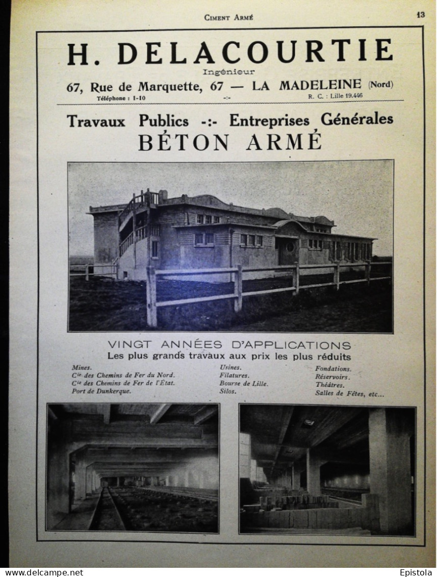 ► CIMENT BETON ARME  Rue Marquette LA MADELEINE (Nord) - Page Catalogue Technique 1928  (Env 22 X 30 Cm) - Machines