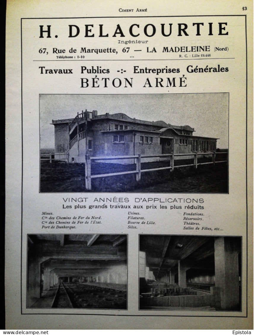 ► CIMENT BETON ARME  Rue Marquette LA MADELEINE (Nord) - Page Catalogue Technique 1928  (Env 22 X 30 Cm) - Máquinas