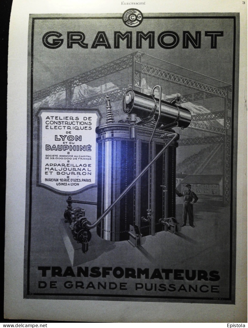 ► TRANSFORMATEUR INDUST.  Ets GRAMMONT Usine Pont De Chéruy  - Page Catalogue Technique 1928  (Env 22 X 30 Cm) - Machines