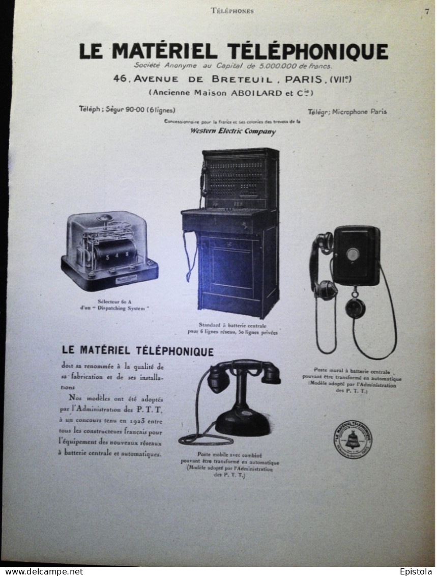 ► LE MATERIEL TELEPHONIQUE Avenue De Breteuil PARIS 7ème - Page Catalogue Technique 1928  (Env 22 X 30 Cm) - Machines