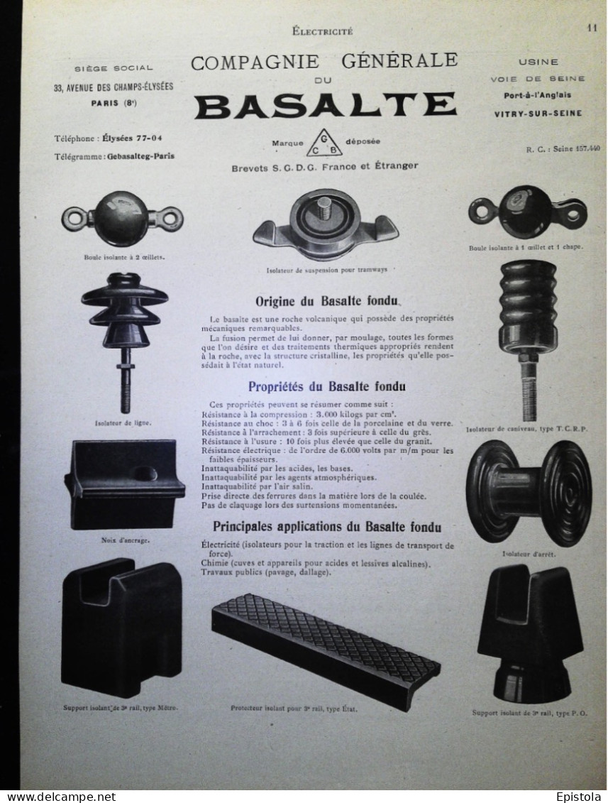 ► Electricité Cie BASALTE Usine Porte-à-l'Anglais Vitry-sur-Seine  - Page Catalogue Technique 1928  (Env 22 X 30 Cm) - Tools