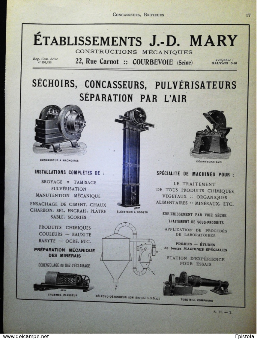 ► CONCASSEUR BROYEUR JD MARY  à COURBEVOIE   - Page Catalogue Technique 1928  (Env 22 X 30 Cm) - Máquinas